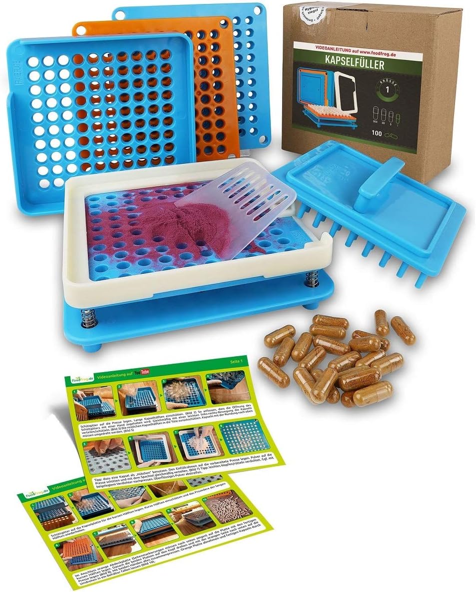 Capsule Filler Size 1 | Space for 100 Capsules | Includes Instructions in German + Video | Capsule Filler Machine | Empty Capsules for Manual Filling (Size 1)