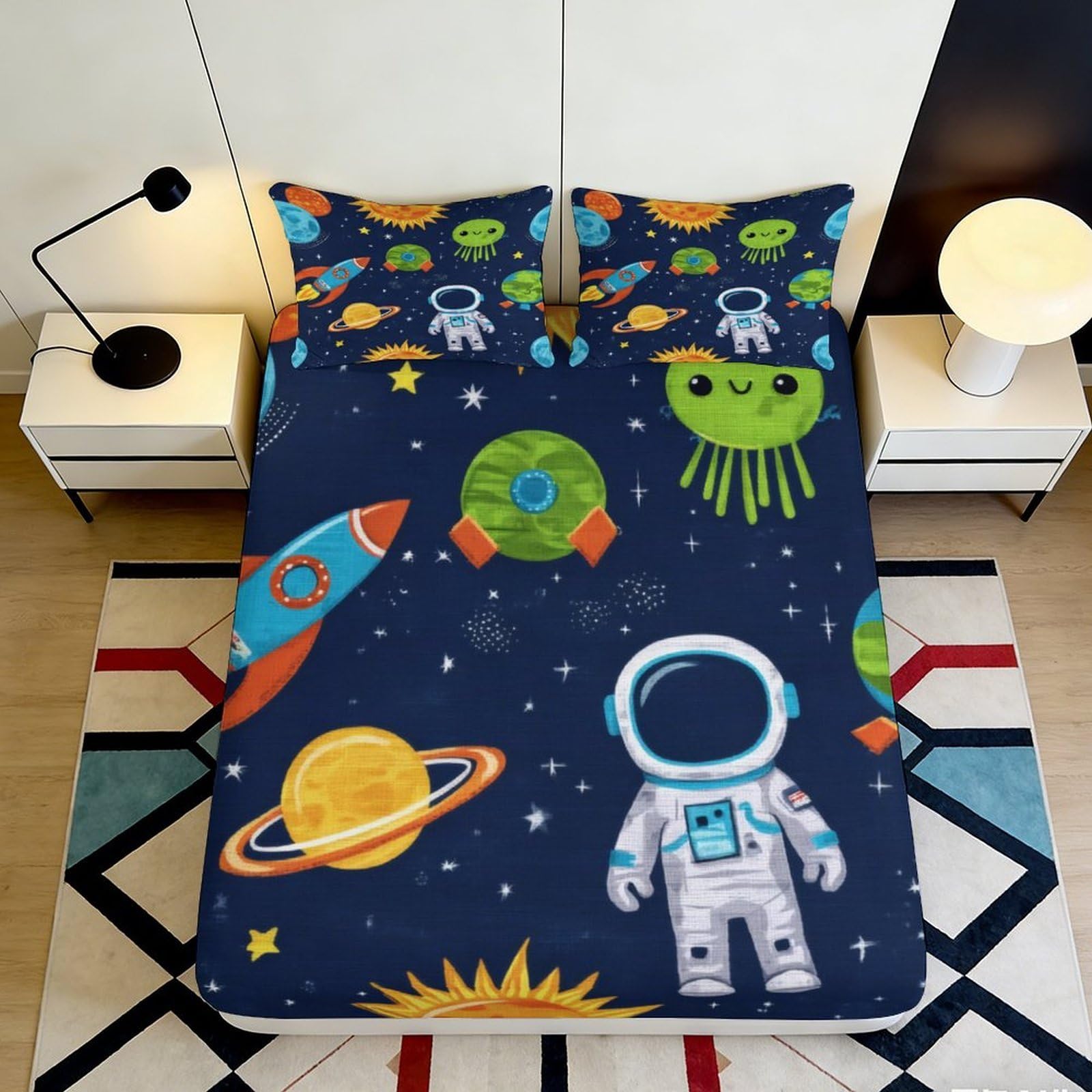 Jqzkxnhpbr Style-1 3D Printed Space Astronaut Fitted Sheet Microfiber Soft Breathable Planet Rocket Bed Cover For Bedroom Dorm Decor 90X200x25cm