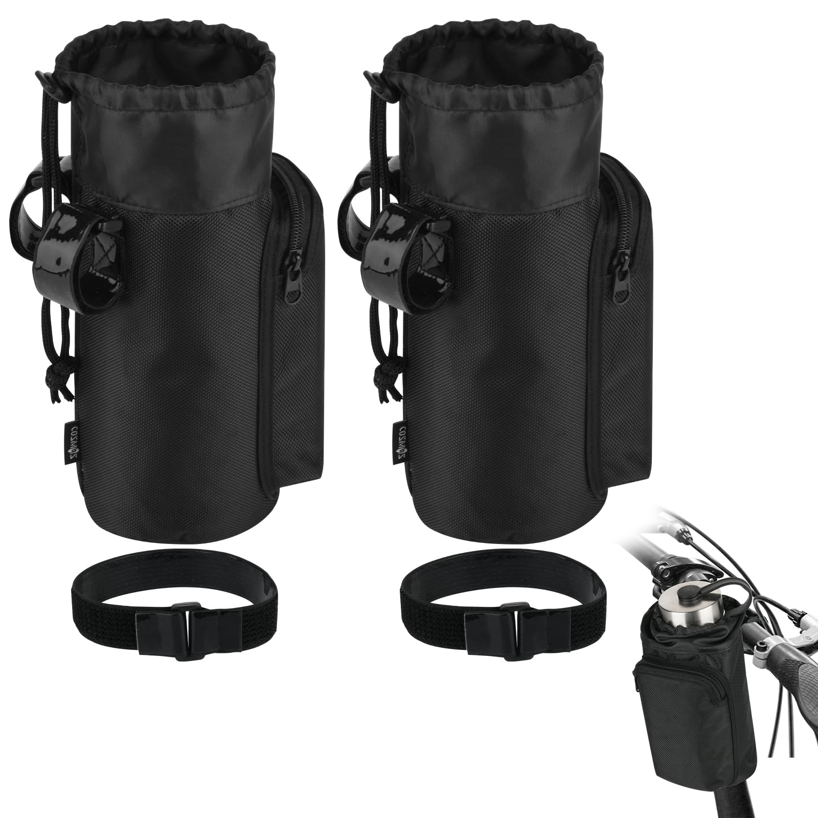 Cosmos 2 Pcs Bike Water Bottle Holder Bag, Universal Bicycle Handlebar Drink Bottle Holder Bike Cup Cage with Zipper Pocket for Cycling, Scooter, Golf