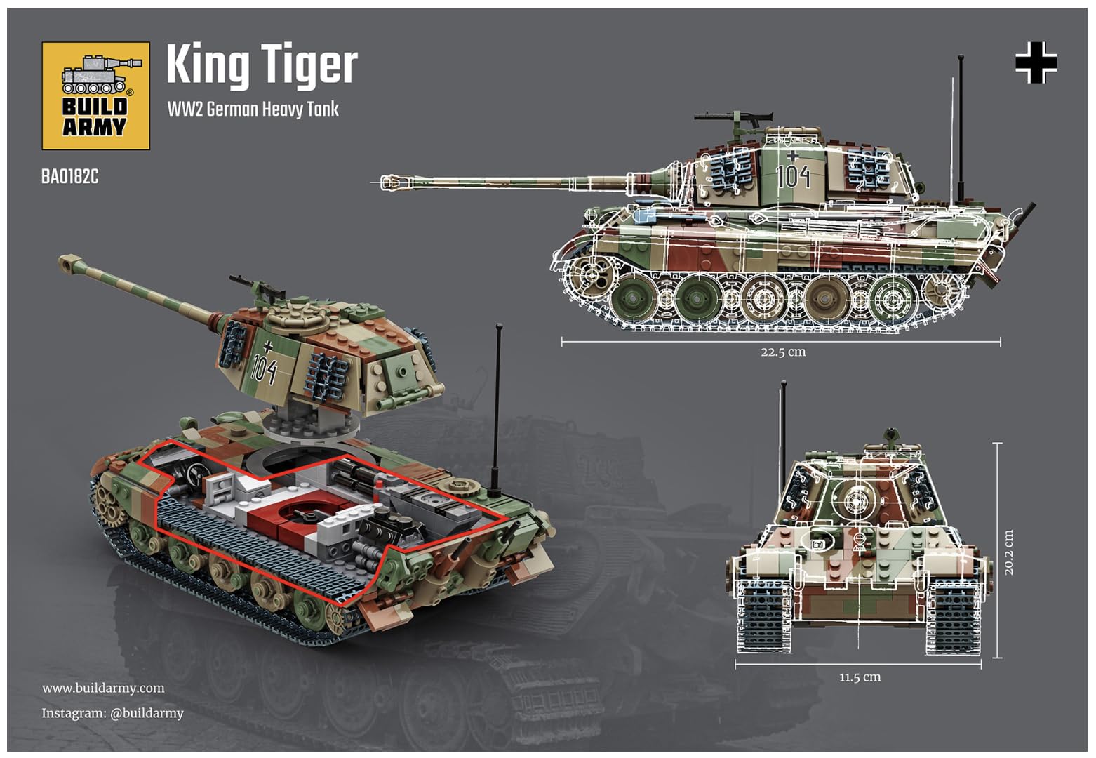 Buildarmy King Tiger II (Tiger II) WW2 Niemiecki Model Czołgu Wojskowego, Zestaw Klocków do Budowy w Kamuflażu, Kolekcjonerskie Klocki do Budowy Armii dla Dorosłych, 1145 sztuk Model do Prezentu i