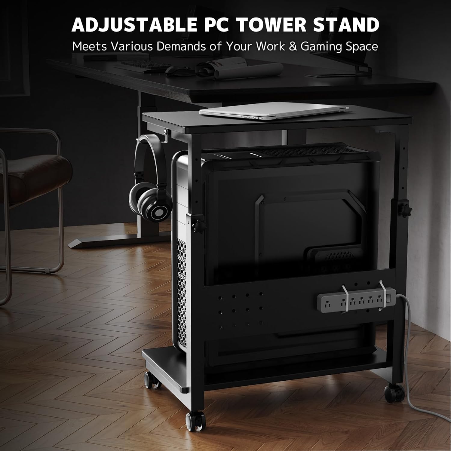 PUTORSEN Computer Tower Stand Cart - 2-Tier CPU Cart with 4 Casters, Rolling Holder with Pegboard & 2 Hooks, Height Adjustable from 19 1/8" to 31 11/16", for Office Home Gaming
