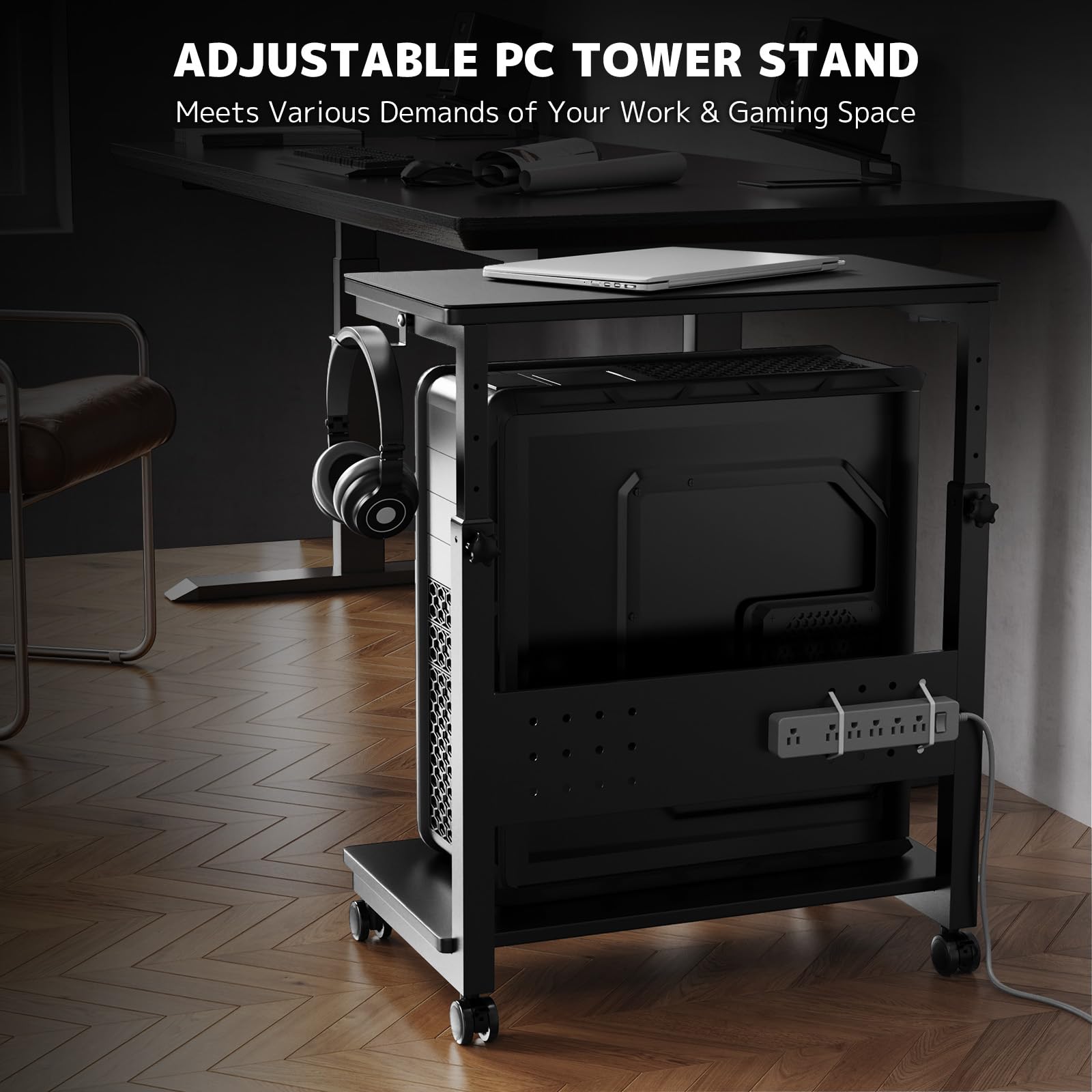 PUTORSEN Supporto per Tower PC Altezza Regolabile con 2 Piani, Supporto per Computer con Rotelle e Tappetino per Mouse, Stampante Case ATX fino a 40kg/Piano,per Ufficio Domestico, Nero