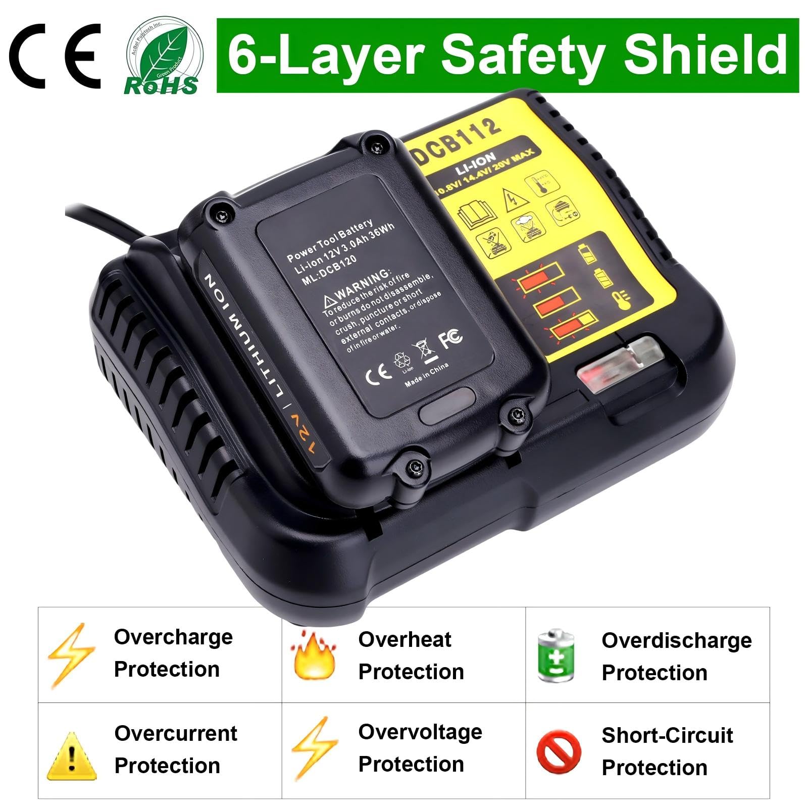 DCB112 Chargeur de rechange 2,0 A compatible avec chargeur de batterie Dewalt 20 V MAX, compatible avec les batteries Dewalt Tool DCB200 DCB201 DCB203 DCB204 DCB606 DCB609 DCB120 12 V 14,4 V 20 V/60 V