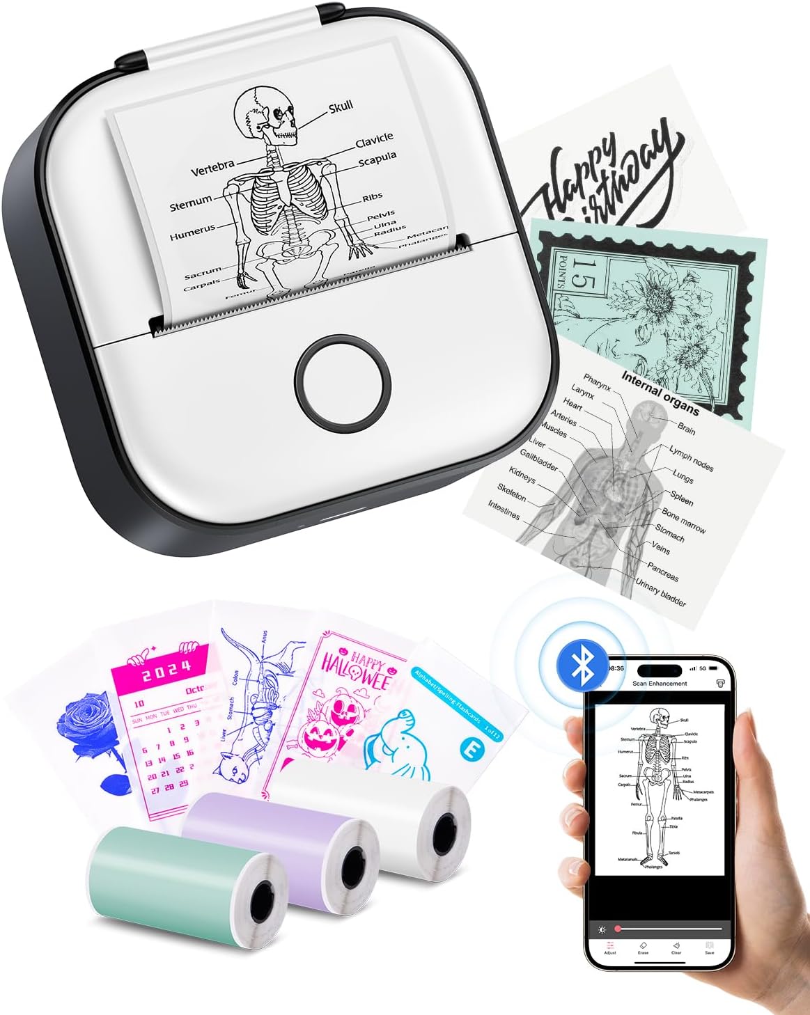 Print Pods Mini Printer - Sticker Printer for Kids, T02 Portable Thermal Inkless Sticker Maker Machine Bluetooth Pocket Phone Label Maker for Study Graphics, Anatomical Diagrams, Photos, Black