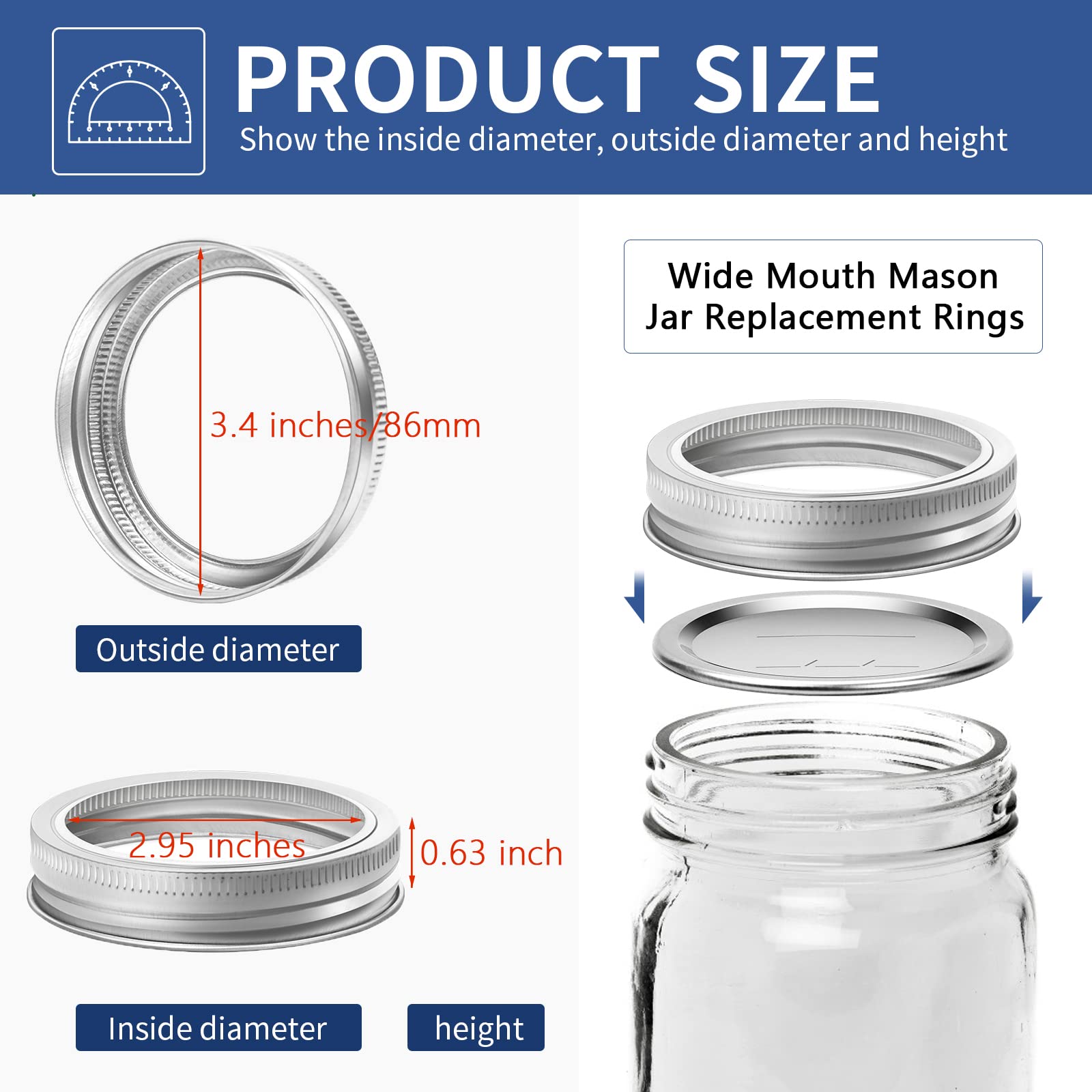Wide Mouth Canning Rings - 24 PCS Mason Jar Split-Type Seals, Metal Replacement Bands, Rust and Leak Proof Reusable for Large Jars