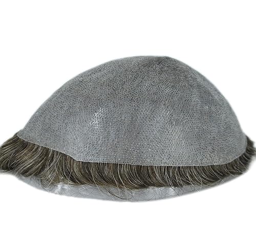 Miniatura 5 de Suncolorhair Toupee gris mixto marrón para hombres, sistema de unidad de cabello natural con piel fina inyectada (330#-3# color con 30% pelo gris)