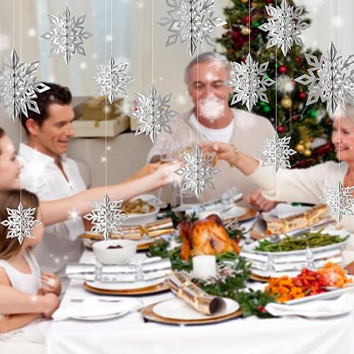 Miniatura 3 de Decoraciones colgantes de copos de nieve de Navidad, 12 unidades, adornos colgantes de copos de nieve plateados grandes en 3D, guirnalda para