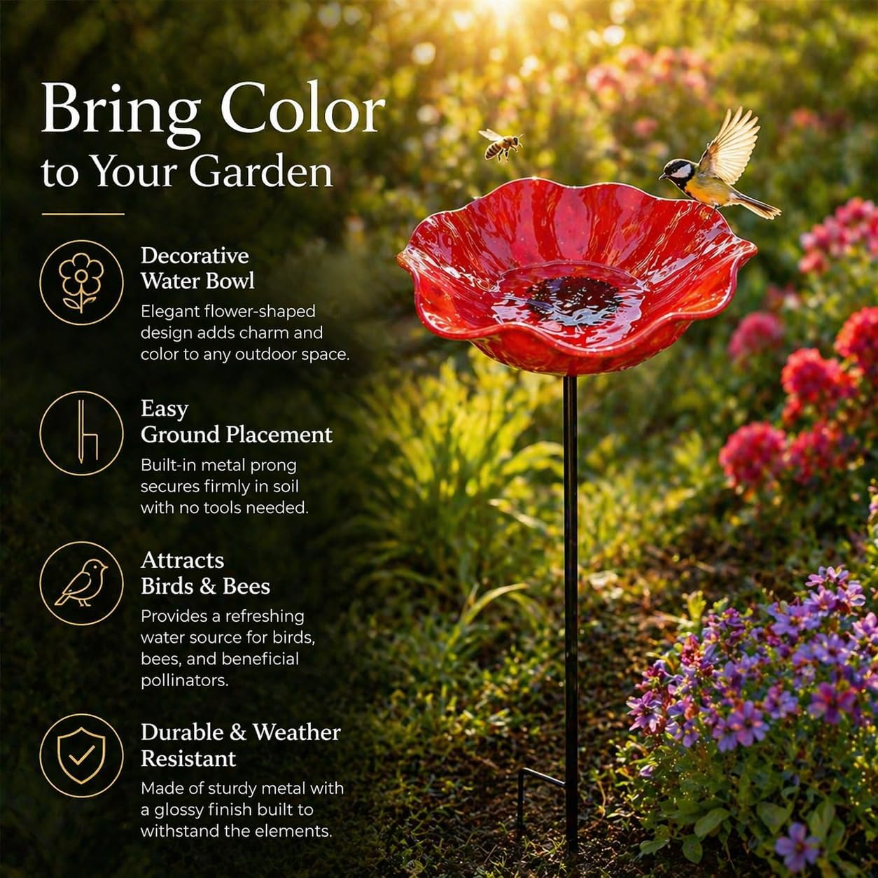 Metal Flower Garden Stake Bird Bath, Decorative Bee Watering Station with Shallow Bowl, Outdoor Iron Flower Stake for Garden, Patio, Backyard, Lawn, Red, 1 Pack (1 PC,Pink) image 2
