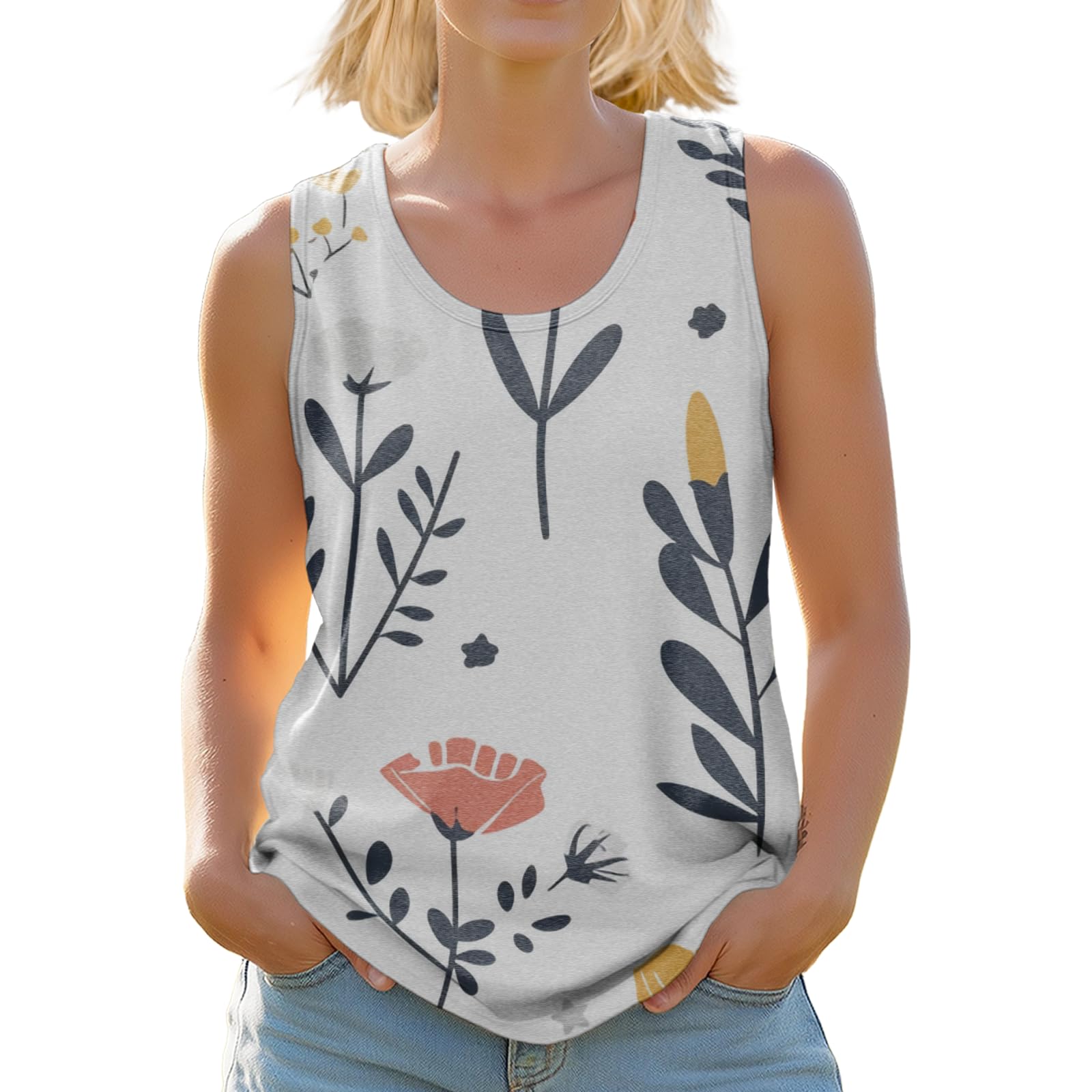 Womens Floral Tank Top Sleeveless Crew Neck Blouse Loose Fit Summer Casual Shirt Botanical Print Vacation Top