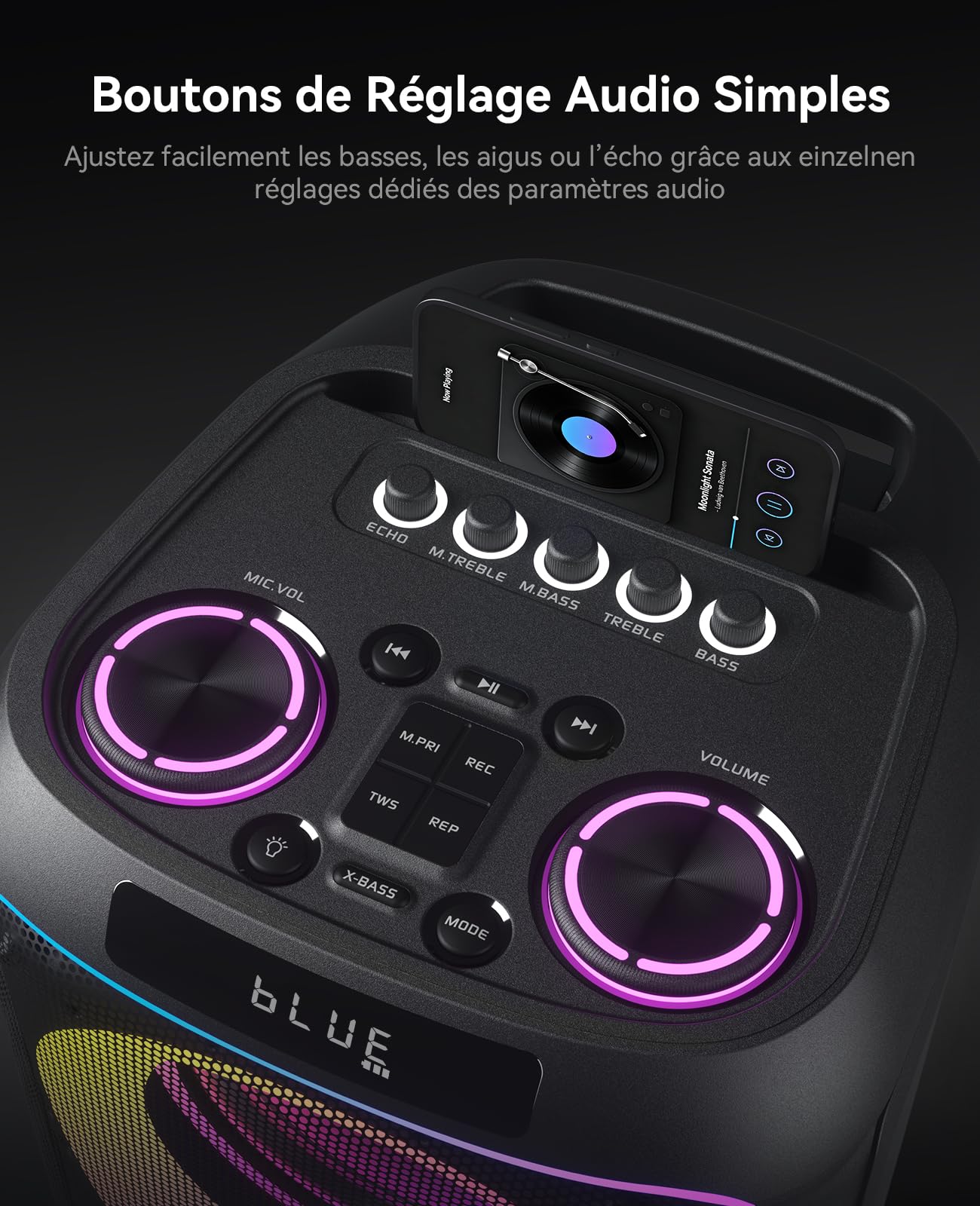 GKDT81 Enceinte De Soirée Karaoké – Système PA Portable 800W avec 2 Microphones, Double Subwoofer 8 Pouces pour Basses Profondes, Haut-Parleur Bluetooth Lumineux avec roulettes & Poignée Télescopique