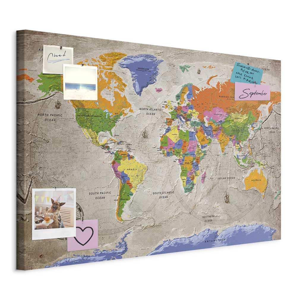 murando - Mapamundi con tablero para clavar chinchetas 120x80 cm - Cuadro | Lienzo estructurado - Panel de Fibra - Mapa del Mundo Continente