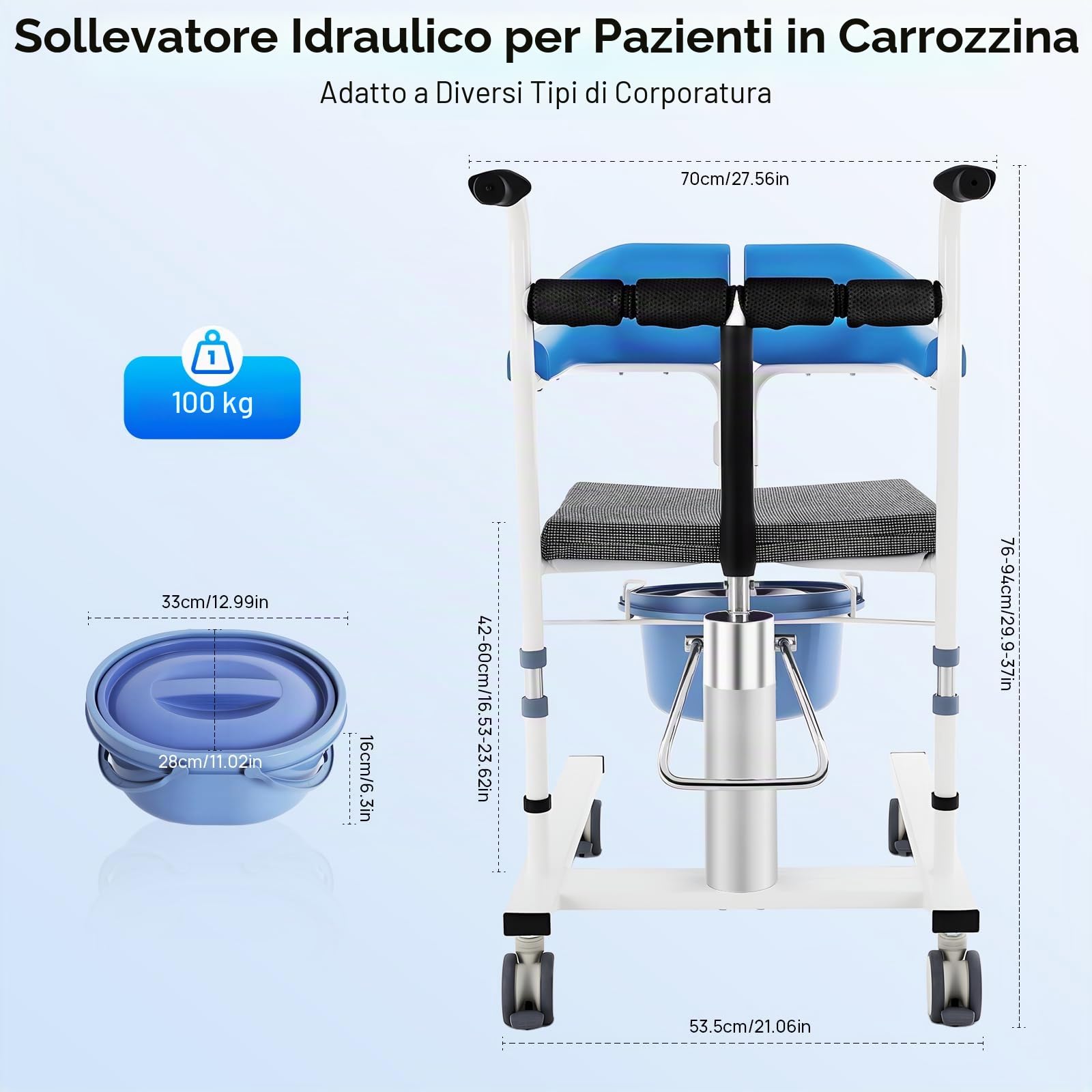 Sollevatore idraulico, sedia di trasferimento per pazienti, regolabile in altezza, capacità di carico 100 kg, maniglie antiscivolo, seduta divisa a 180°, sedia da doccia (blu)