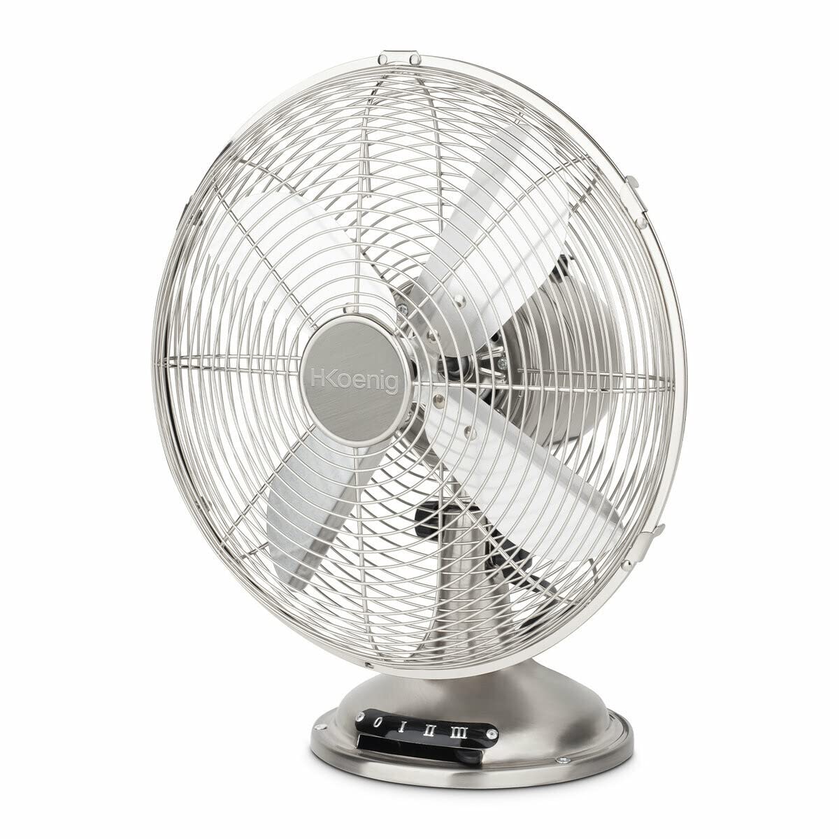 H.Koenig JOE48 wentylator biurkowy, designerski wentylator z metalu, 3 stopnie prędkości, cichy, kąt nachylenia do 90°, antypoślizgowa podstawa