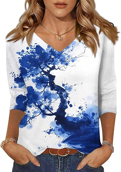 HTHLVMD Womens 3/4 Length Sleeve Tunic Tops Summer Fall Outfits 2025 Three Quarter Sleeve Casual V Neck T Shirts for Women