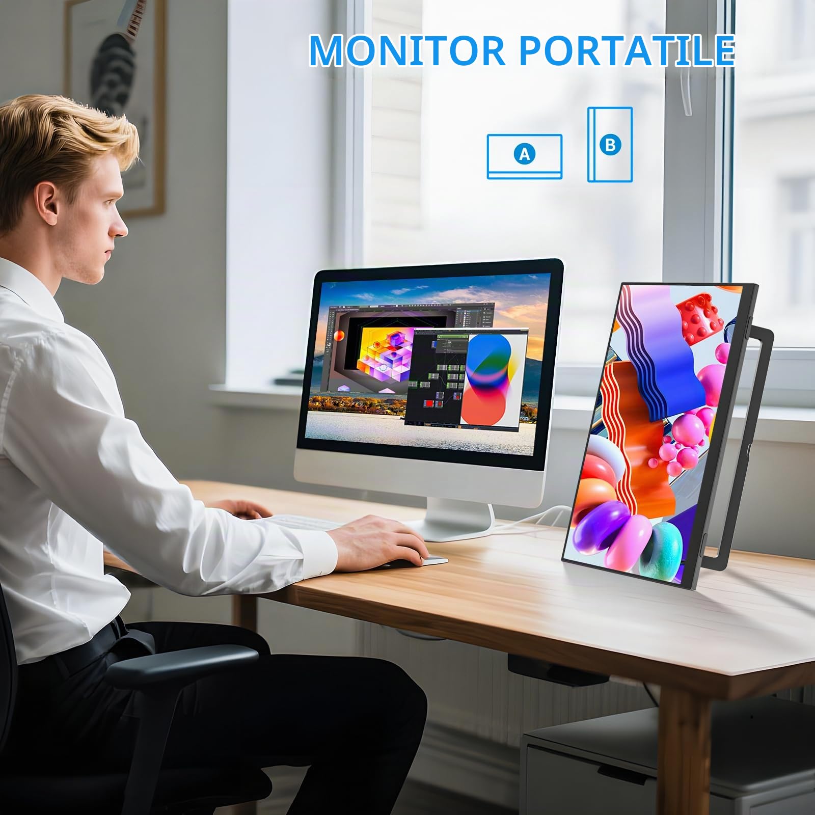 Veout Monitor portatile da 14" ultracompatto IPS Full HD (1920 x 1080) - Display USB-C/HDMI pronto da viaggio con supporto regolabile e altoparlanti integrati per laptop/PC/mobile/Mac