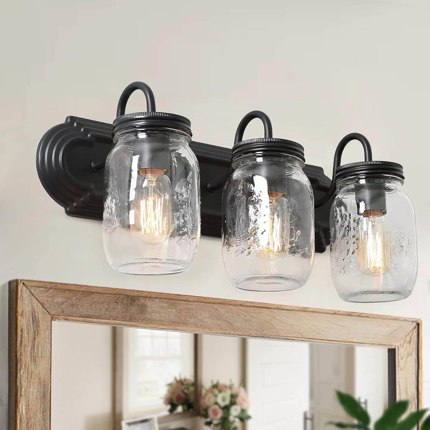 LALUZ Bathroom Vanity Light Fixtures, 2-Light Black Mason Jar Vanity Lights for Bathroom, 14'' Farmhouse Rustic Bathroom Lights Over Mirror