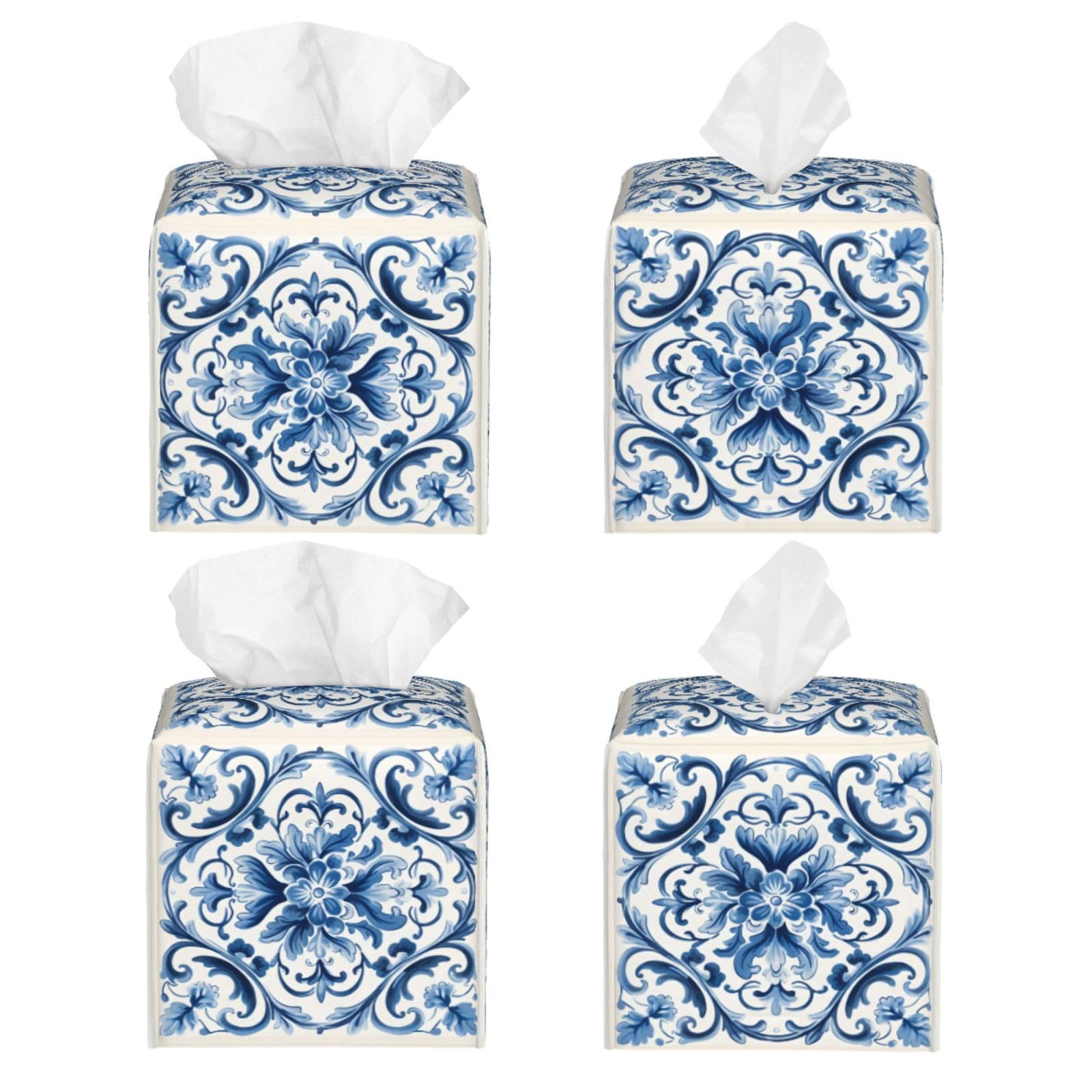 Edafol Blue Flower Paisley Tissue Box Cover Square PU Leather Waterproof Tissue Box Holder for Car Bathroom Bedroom Office Tabletop Decor