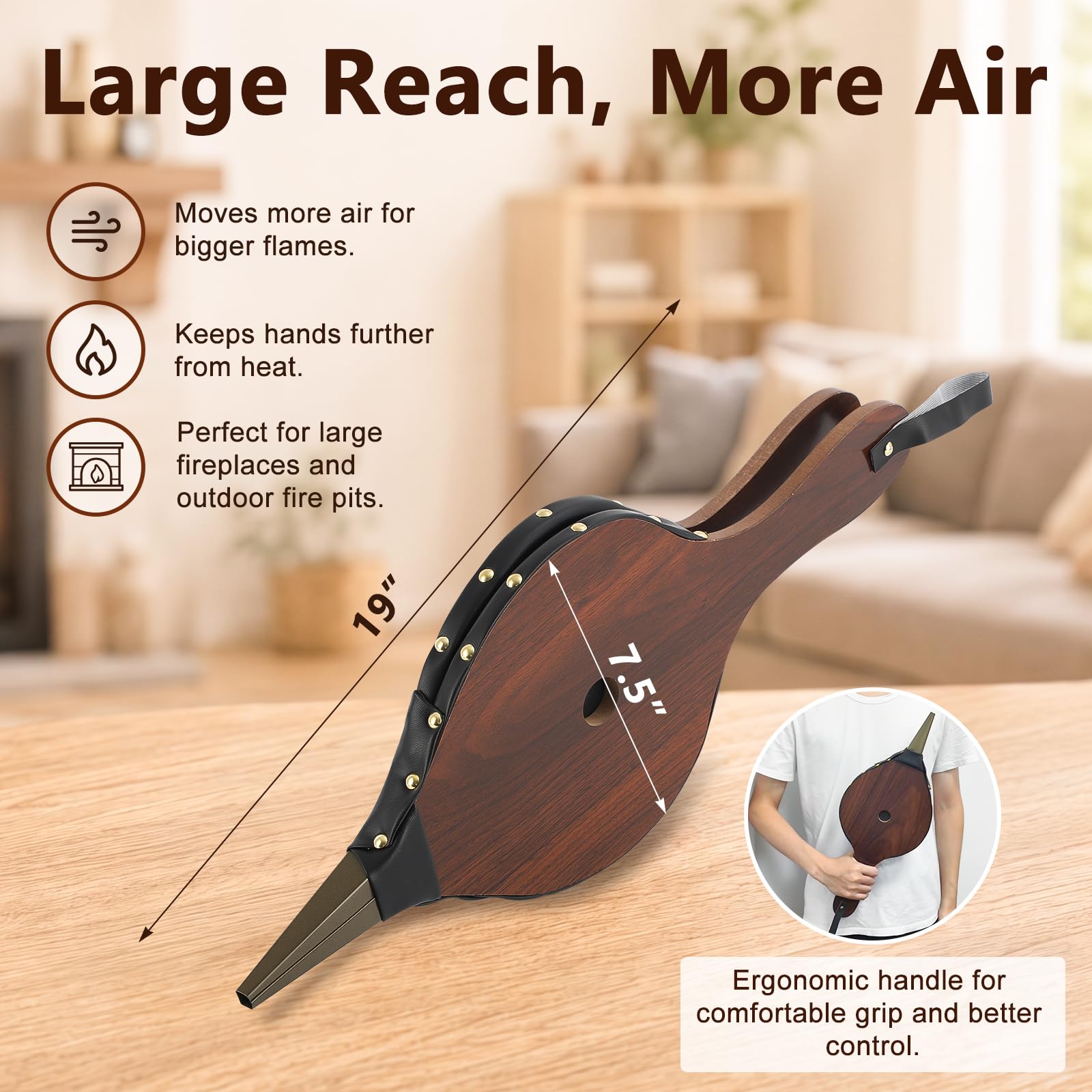 Gtongoko Soffietto per camino, 48,3 x 19,1 cm, grande, per interni ed esterni, campeggio, barbecue, in legno, pompa a soffietto, accessori per utensili antincendio con cinghia per appenderlo, marrone