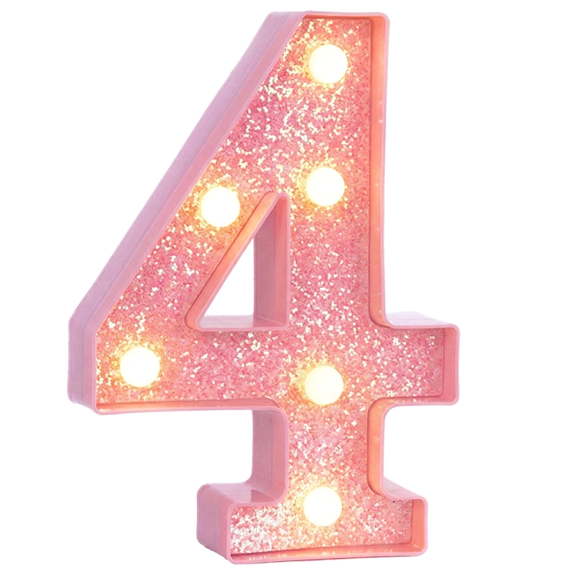 EUFONY Pink Light Up Marquee Numbers, Glitter LED Number Lights Signs Battery Operated for Girls 4th 14th 24th Pink Birthday Party Table Decorations, 8 Inch Tall Number 4 with Warm White Lights