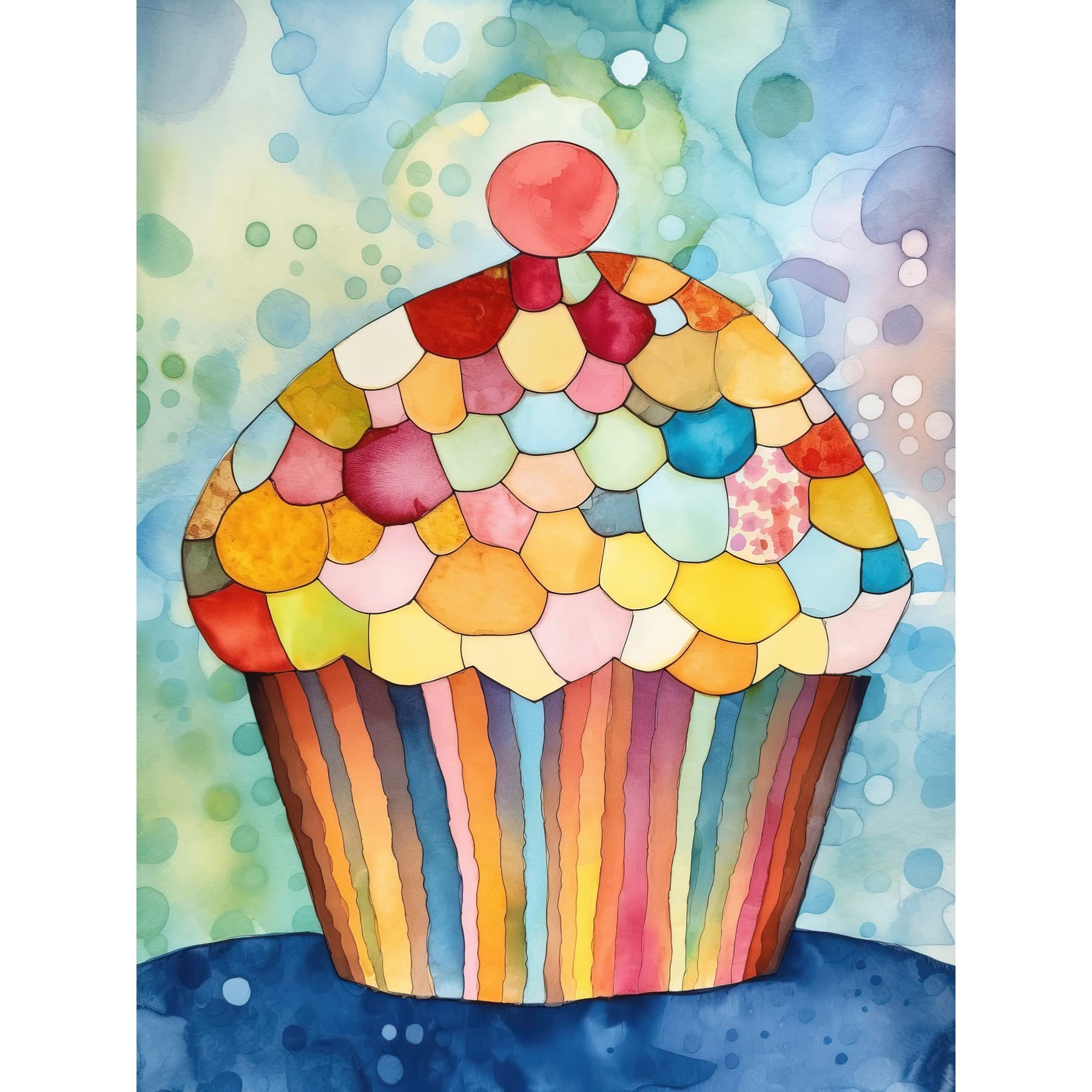 Artery8 Rainbow Pattern Cupcake Folk Art Watercolour Painting Extra Large XL Wall Art Poster Print