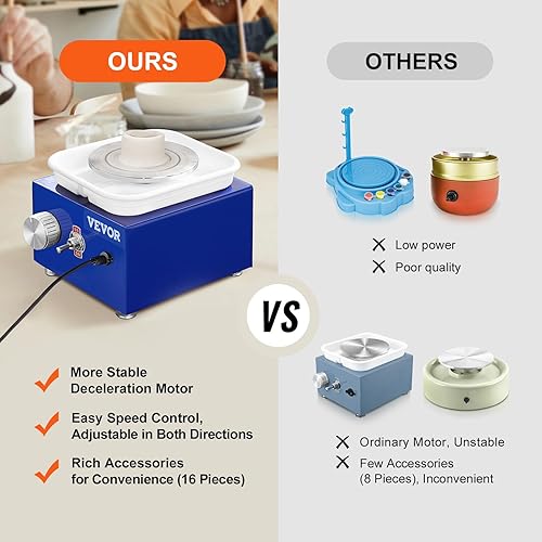 Vista 7 de VEVOR Mini Pottery Wheel for Kids and Beginners, Complete Pottery Kit with 2 Turntables 2.6in/3.9in and 17 Accessories Tools, 0-300RPM Speed Azul