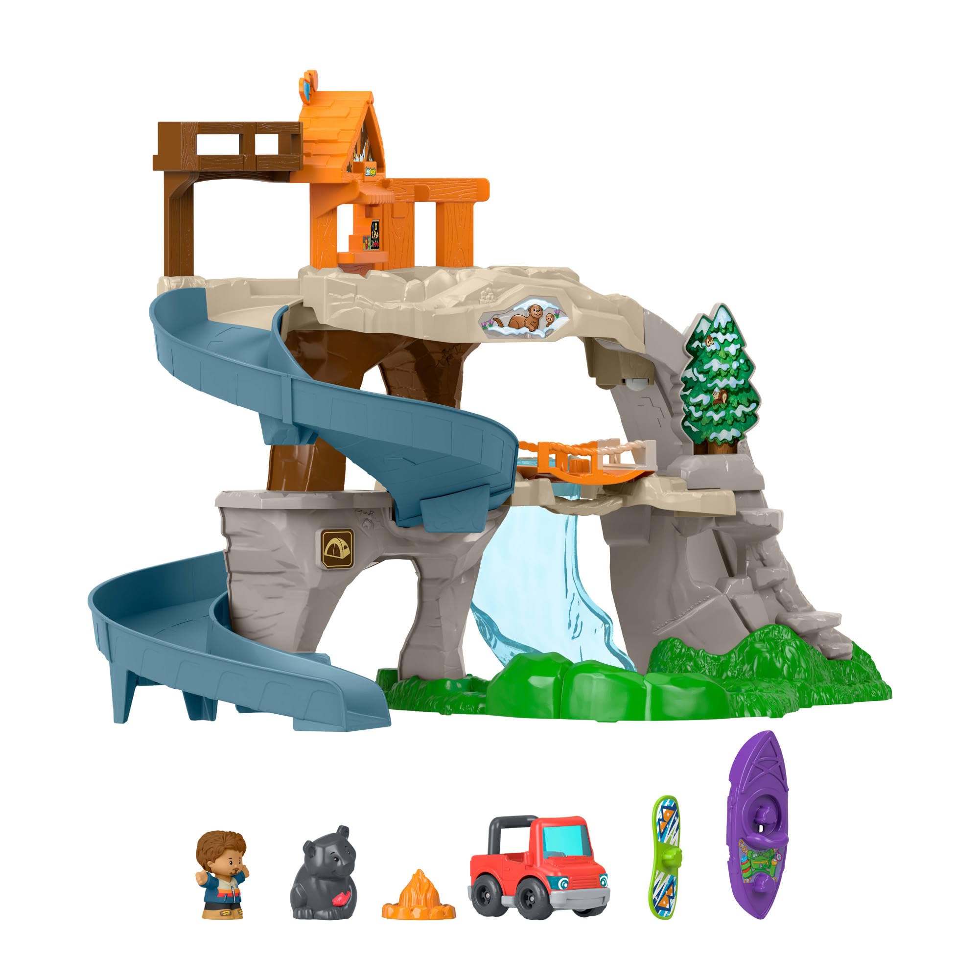 Fisher-Price Little People Wielka górska przygoda Tor samochodowy Zjeżdżalnia Zestaw, autko, 2 figurki, kajak i elementy do zabawy, zabawka dla dzieci 1+, JJY77