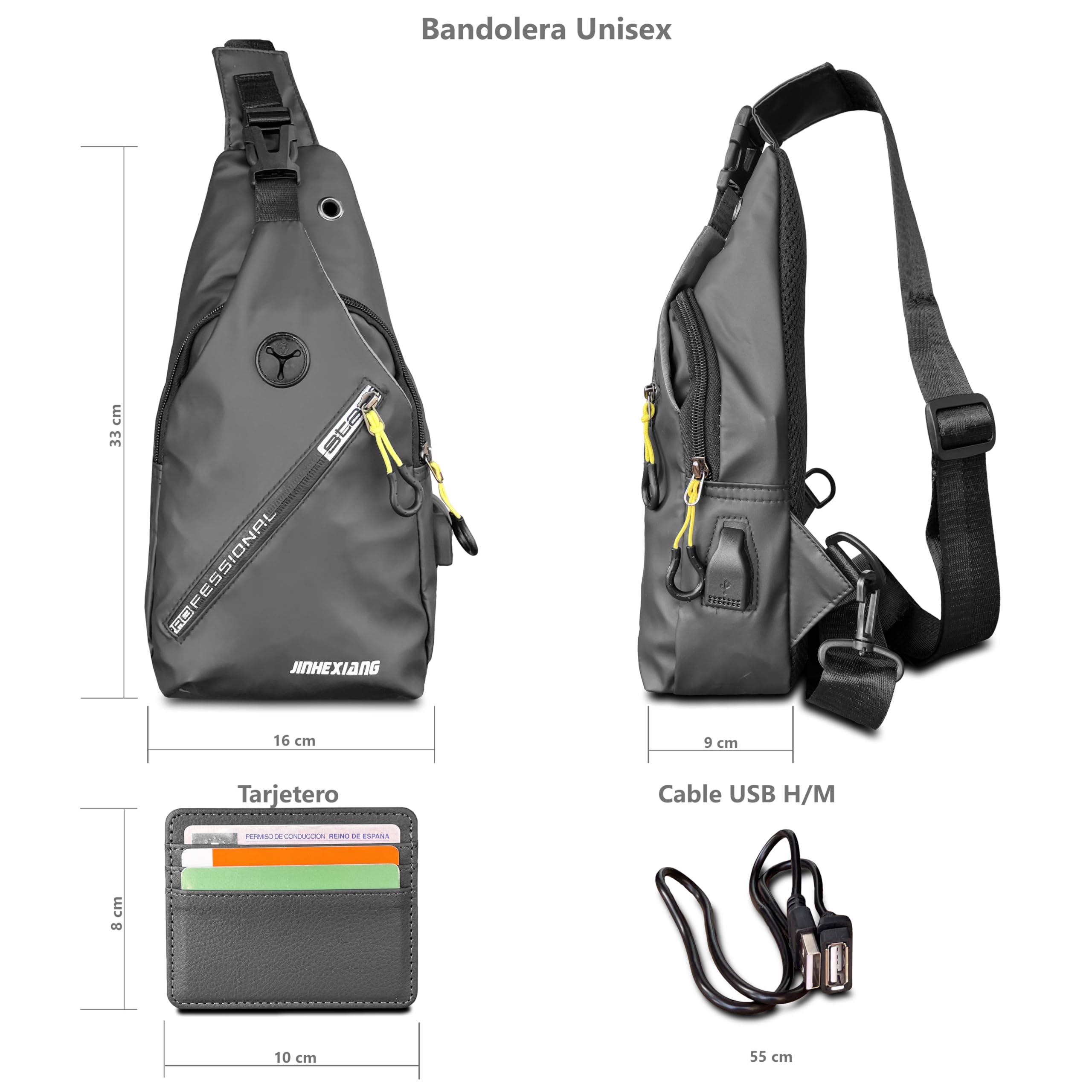 Bandolera Unisex - Bolso de Pecho - Bolso Cruzado Multiusos - Mochila Pequeña de Hombre con Puerto Usb - Bandolera ligera, Ideal para Viaje y Deporte.