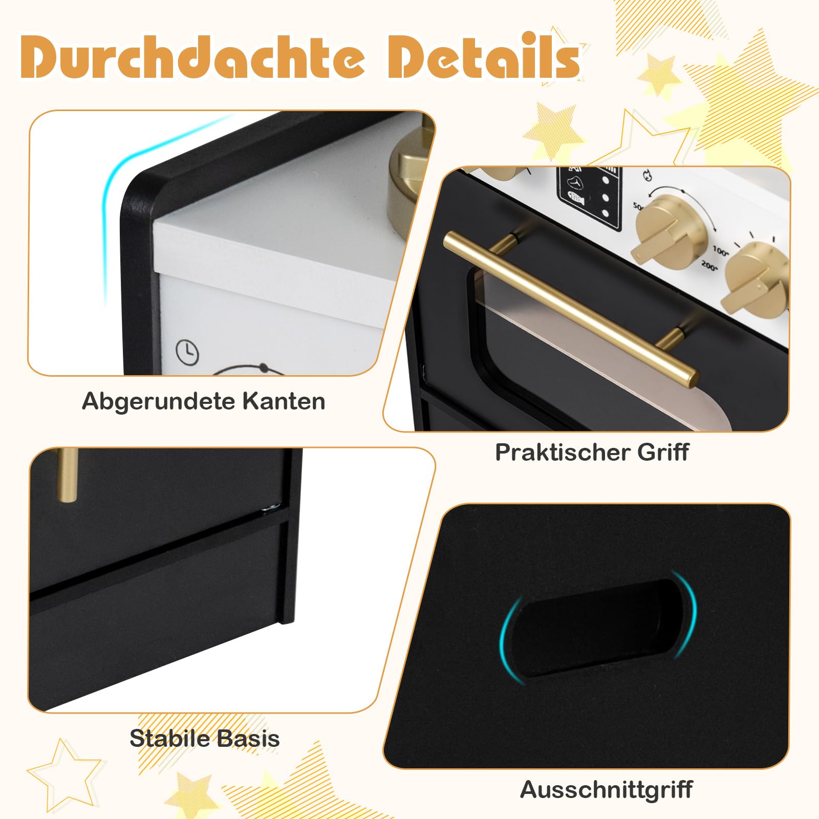 COSTWAY Kinderküche Holz, Spielküche mit Herd, Spüle, Wasserhahn, Backofen, Eismaschine, Mikrowelle & Kaffeemaschine, Holzküche mit Licht und Sound, inkl. Zubehör, für Kinder ab 3 Jahren (Schwarz)