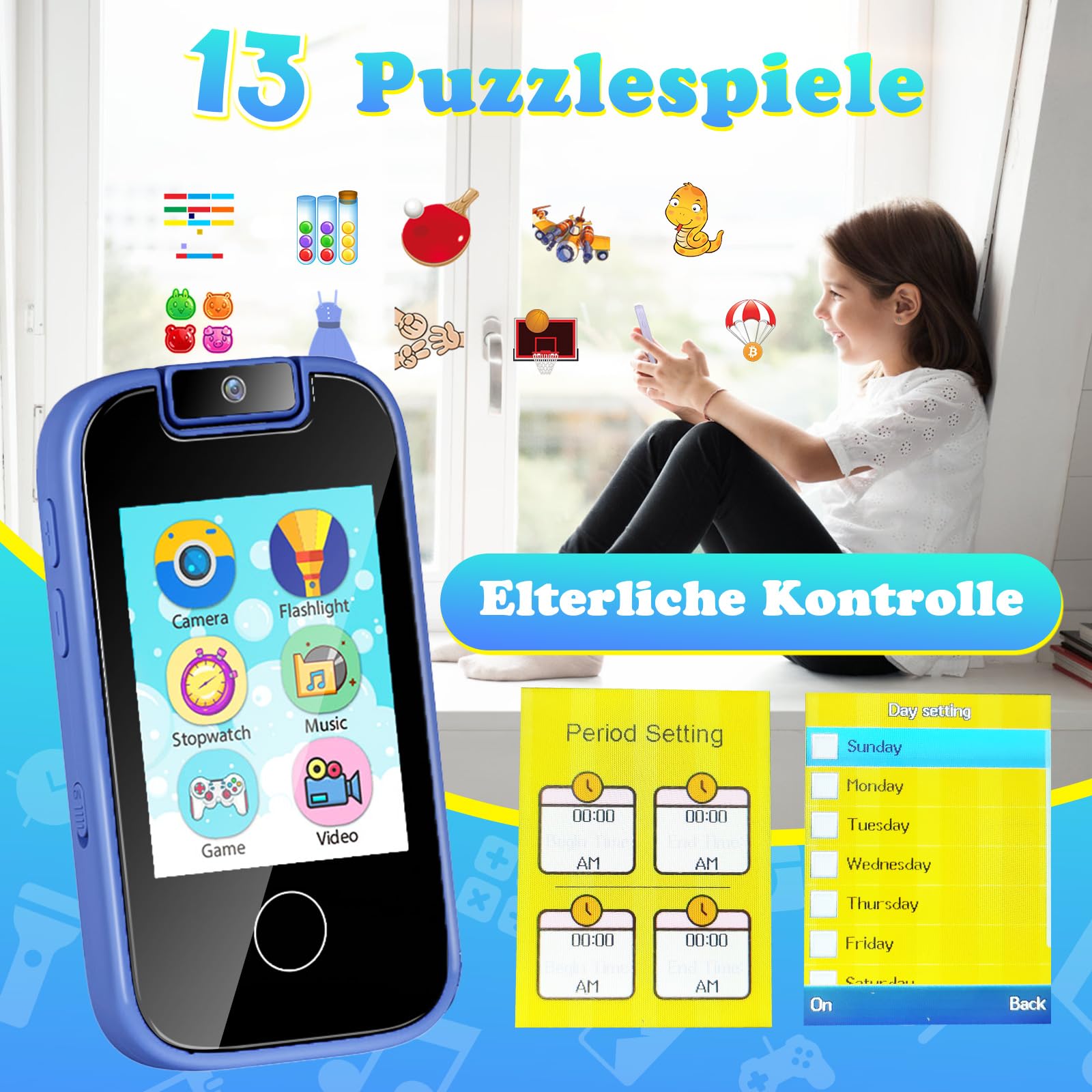 PTHTECHUS Telefono per Bambini, Fotocamera per ragazze, ragazzi Touch screen MP3 con fotocamera a flip, habit tracker, giochi, apprendimento educativo, regalo di compleanno per 3-12 (Blu)