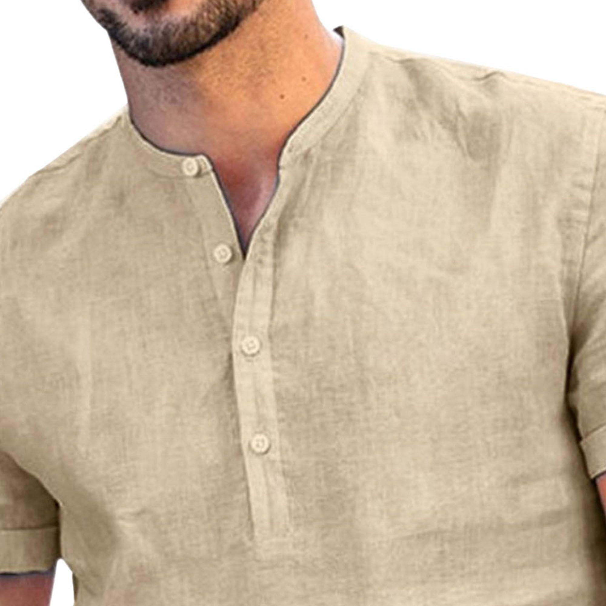 Men Solid Stand Collar Street Shirts Normal Thin Cotton Linen Cool T Shirt Summer Quarter Button Pullover Tops (Khaki,X-Large)