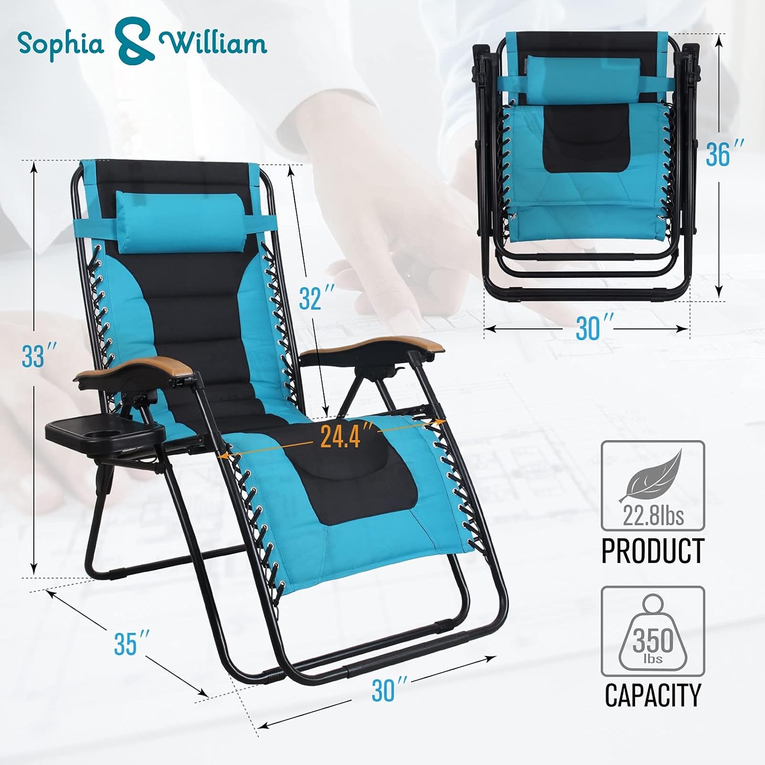 Sophia & William Padded Zero Gravity Chair Oversize Lounge Chair with Free Cup Holder, Supports 350 LBS : Patio, Lawn & Garden