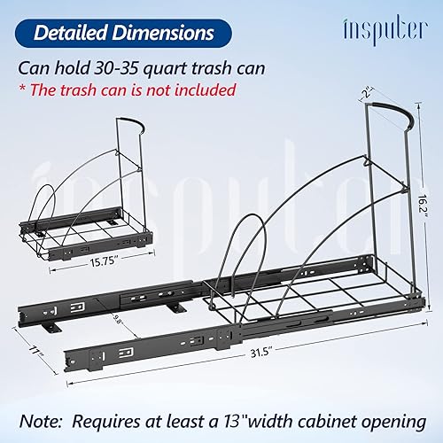 Miniatura 6 de Insputer Bote de basura extraíble debajo del gabinete, requiere gabinete de 13 pulgadas de ancho x 18 pulgadas de profundidad, kit de cubo de basura