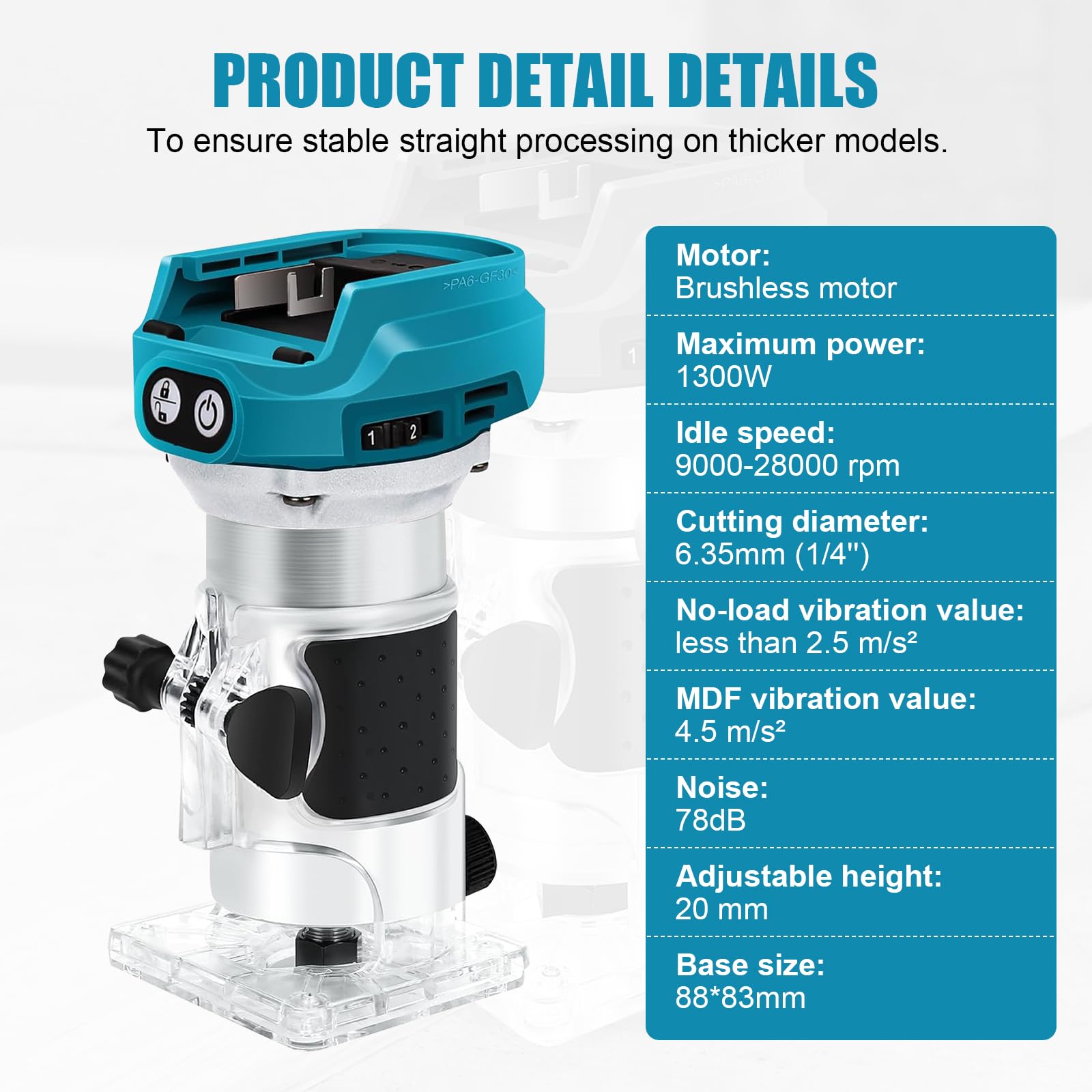 Roadtime Accubovenfrees, randfrees, compatibel met Makita 18V-accu, 1300 W borstelloze motor, met 6 snelheden, rechte geleiding, geleidingswiel, frees en 2 sleutels, accu-houttrimmer (zonder accu