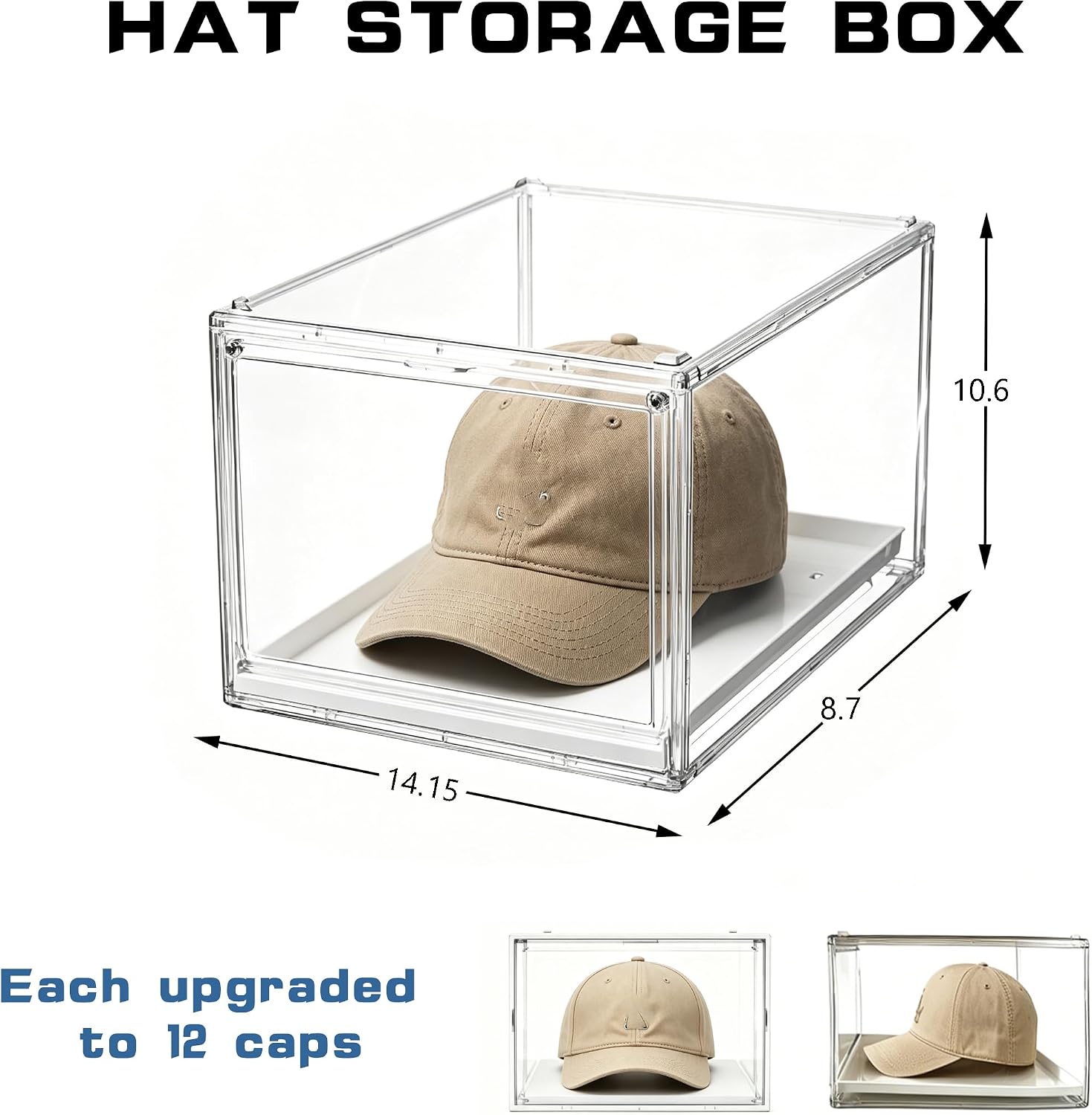 2 Pack Hat Organizer with Drawer,Clear Hat Box for Baseball Caps,Large Cap Storage,Stackable Plastic Hat&Shoe Rack Display Case,24 Hats