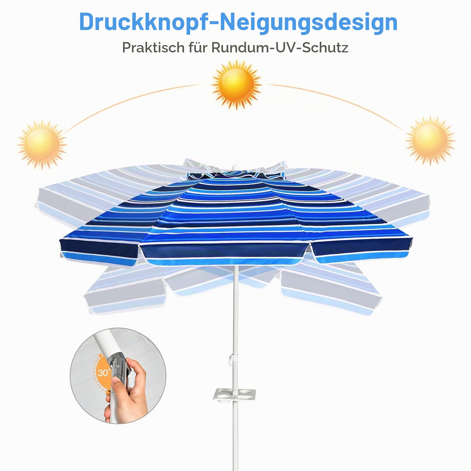 KOMFOTTEU Sonnenschirm 200 cm, Strandschirm mit Becherhalter & Tragetasche, beidseitig um 30° knickbar, Balkonschirm mit Sonnenschutz klappbar, Gartenschirm für Pool, Strand, Terrasse