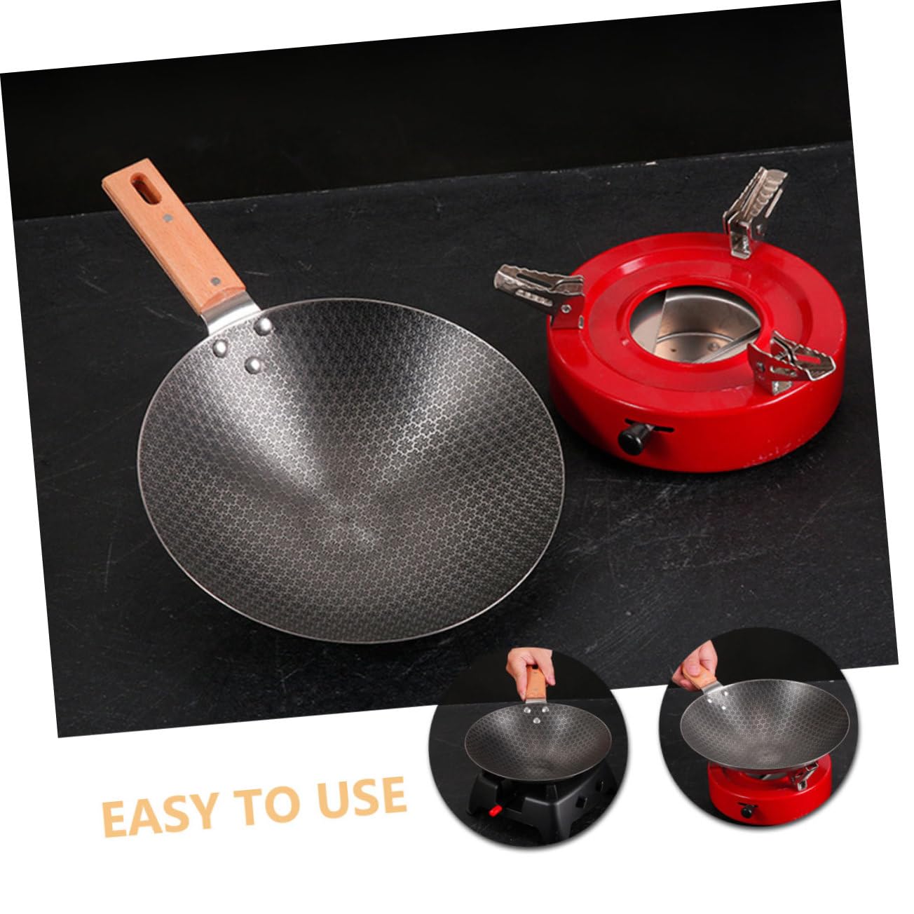 Abaodam Wok da Cucina Piccolo in Ferro Manico in Legno, Rotondo | Superficie Liscia Stile Giapponese Facile da Pulire e Uso Outdoor Ristorazione Occidentale