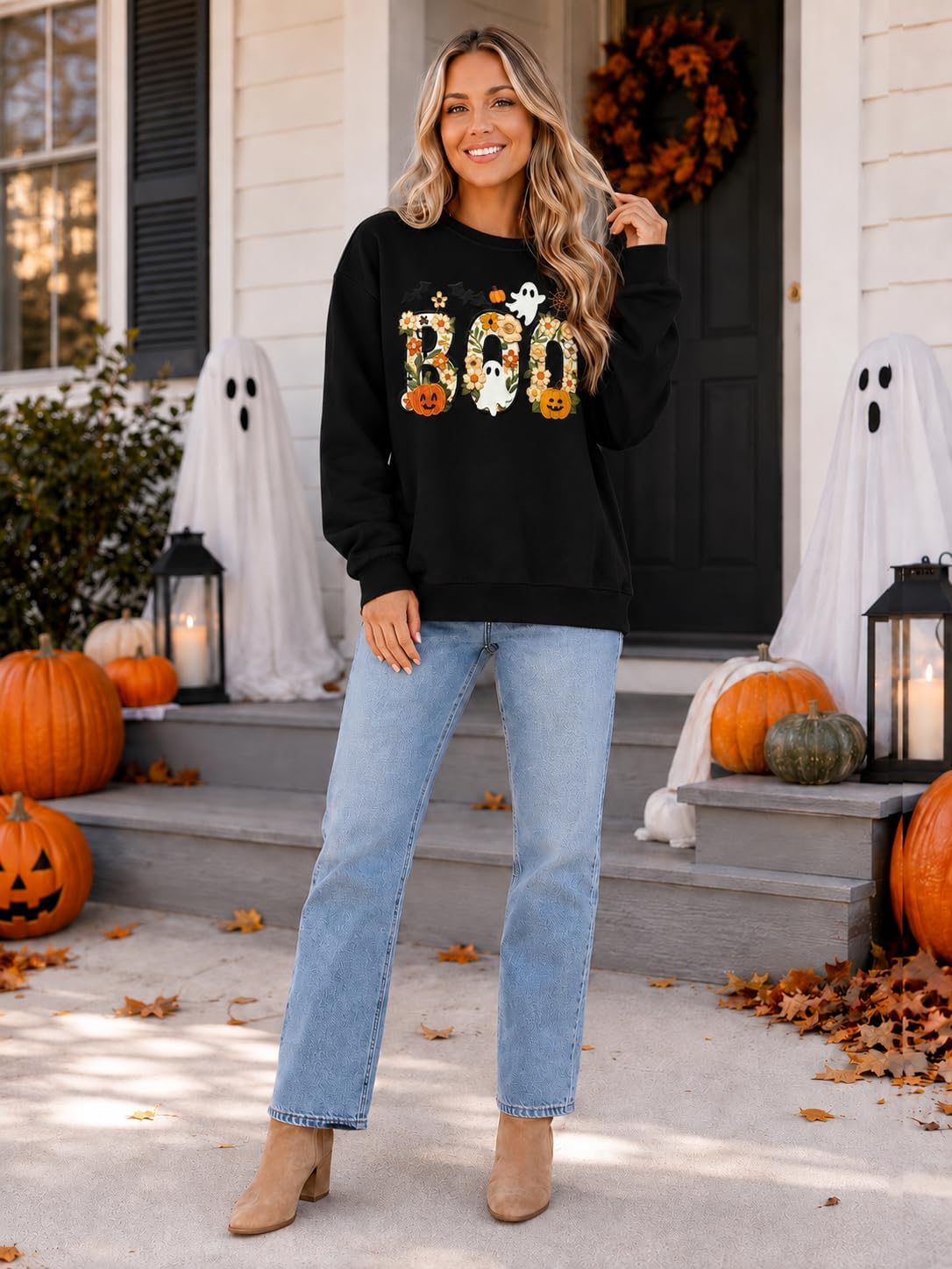 MYHALF Halloween Sweatshirt for Women Boo Embroidered Sweaters Cute Spooky Season Shirt Long Sleeve Fall Winter Pullover Tops