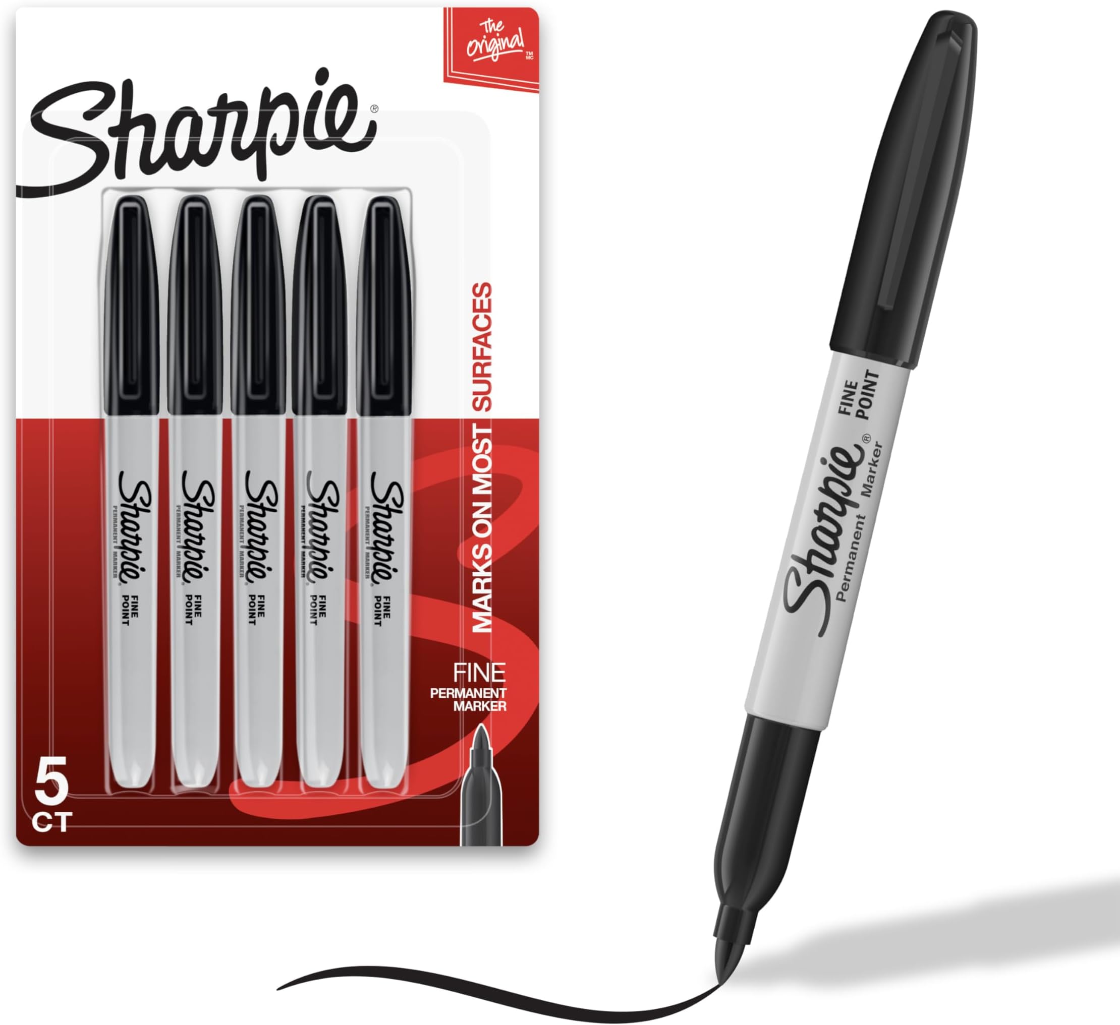 Sharpie Permanent Marker, Fine Point, Black, Pack of 5
