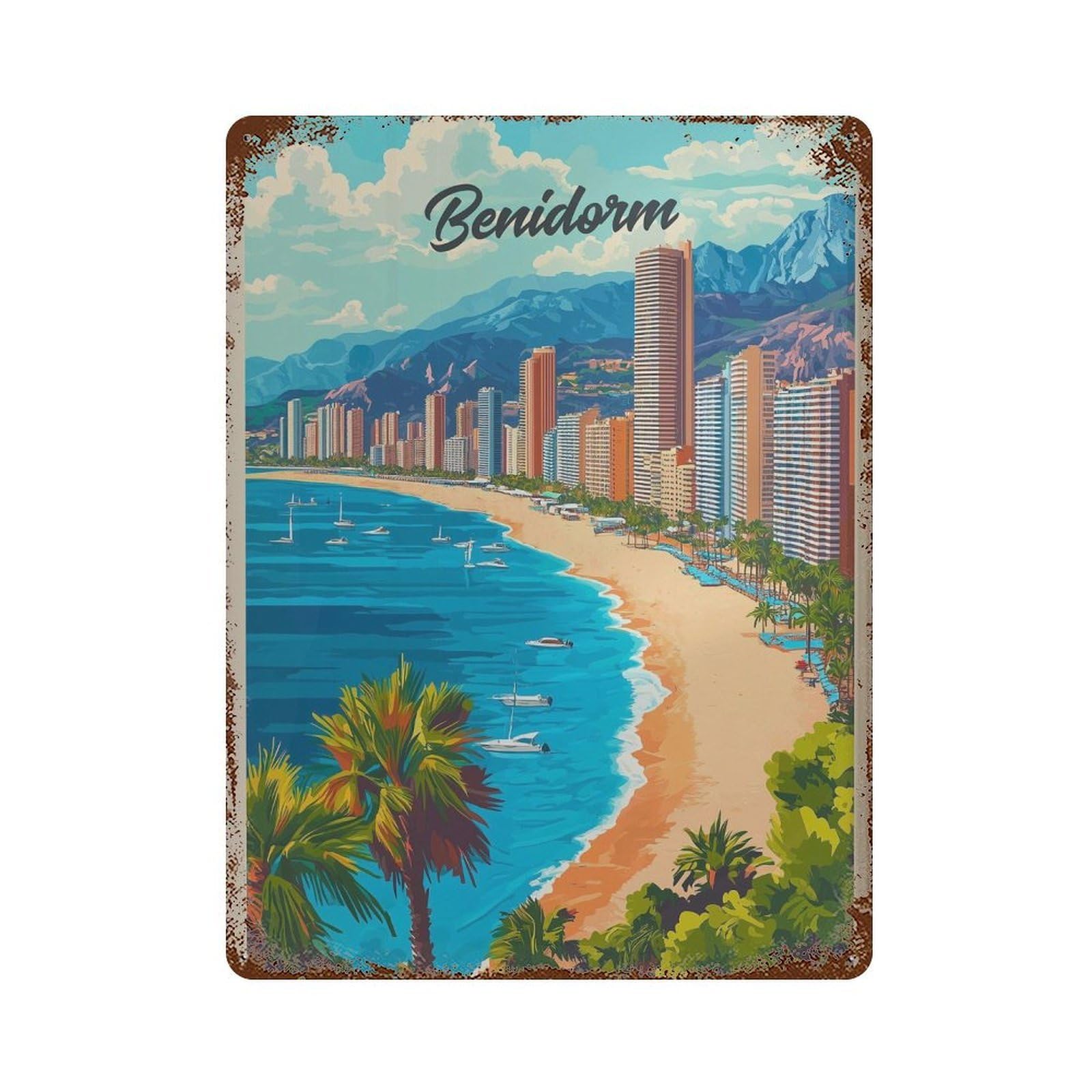 xiaoxiaoshen Benidorm Spain Travel Mediterranean Beach Wall Decor Art Metal Tin Poster Modern Home Decor Art Home Bar Shop Decorations Vintage Sign 40x30cm