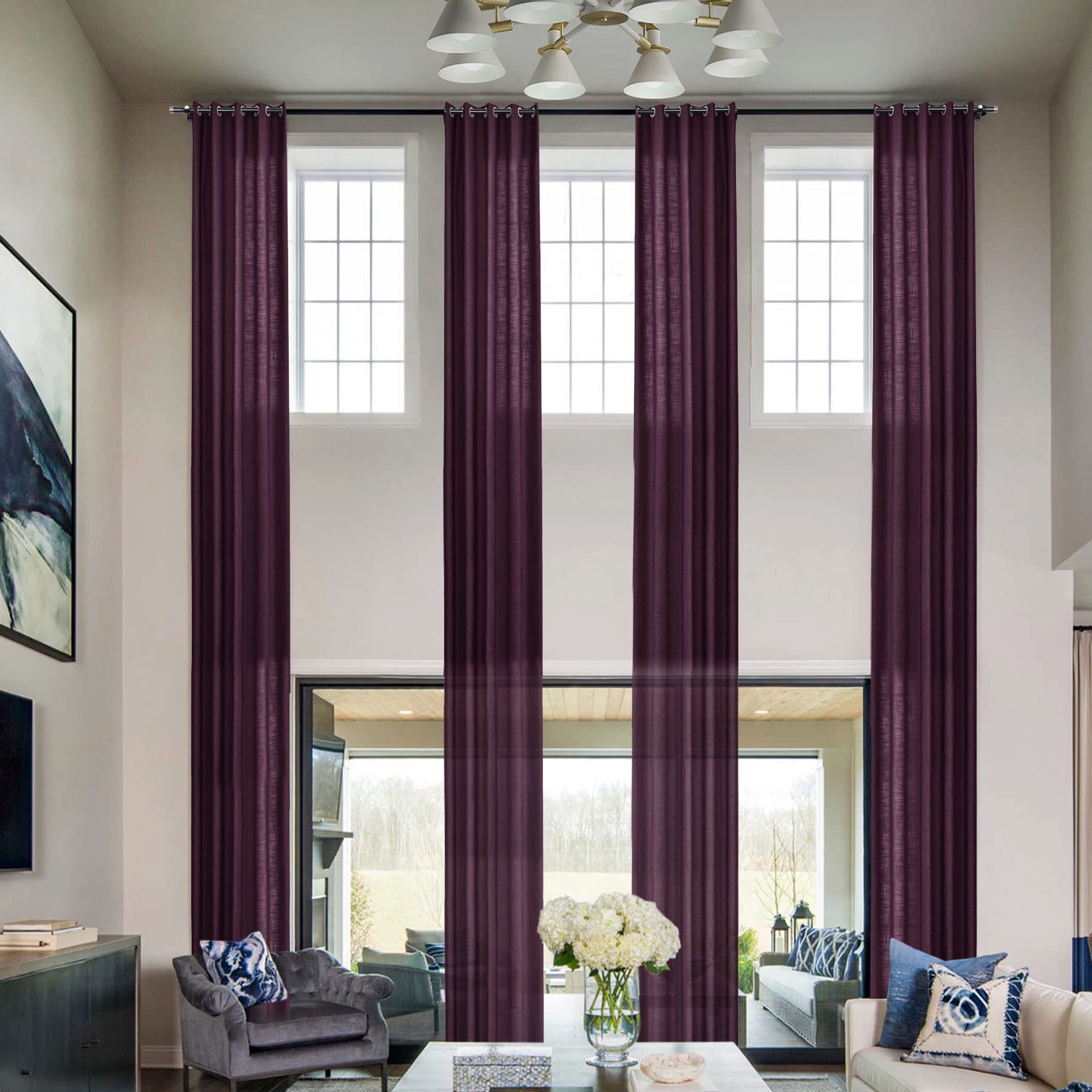 Cortinas de lino para loft altos que transforman salones modernos