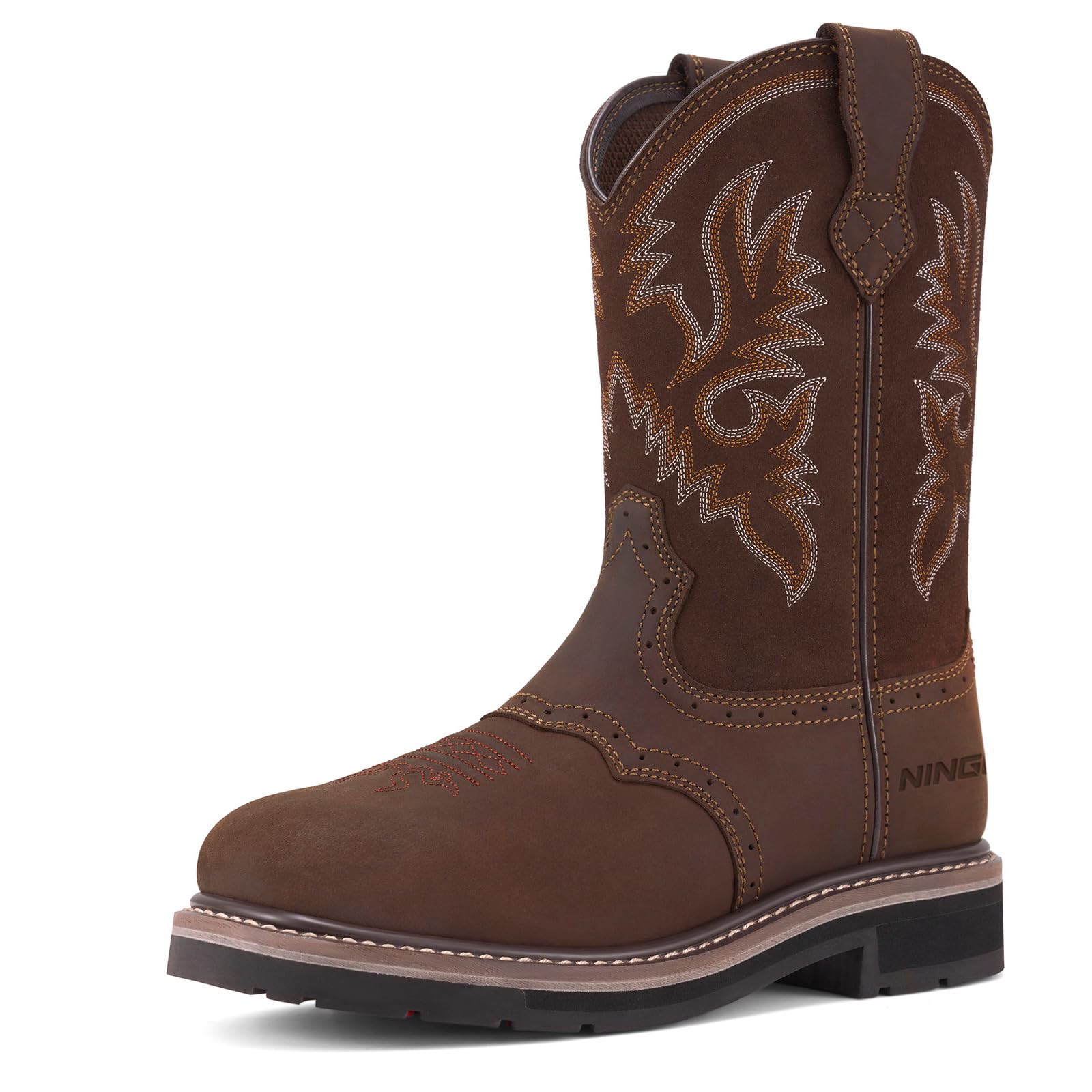 HISEA NINGO Men's Western Cowboy Boots Waterproof Square Toe Steel/Soft Toe Work Boots Comfortable Men's Slip On Pull On Safety Toe Leather Work Shoes for Construction Farming Industrial Welding