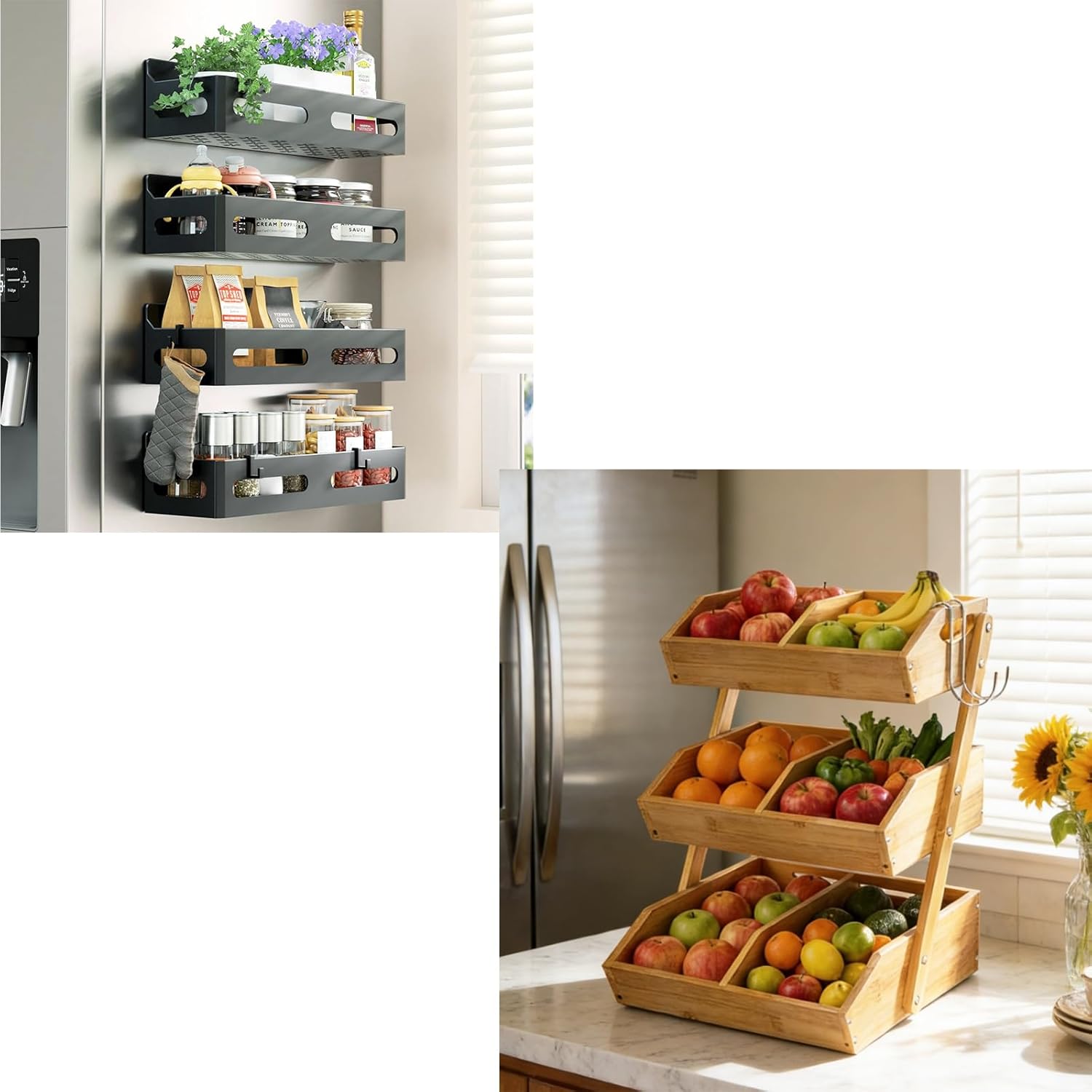 3 Tier Wooden Fruit Basket with 2 Mobile Banana Holders, 4 Pack Magnetic Spice Rack for Refrigerator,Black