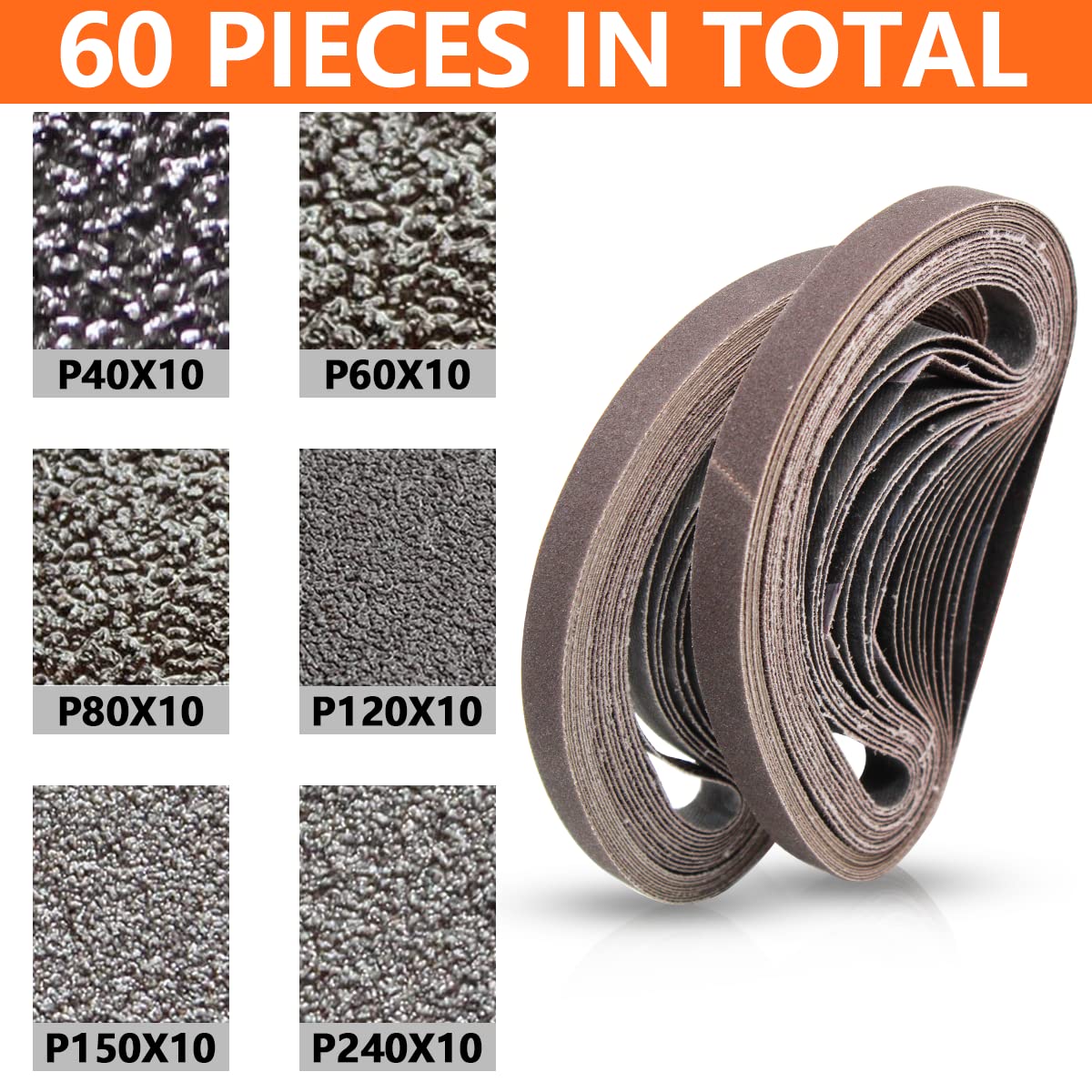 Senmai Tools Nastri abrasivi 13X457mm, (grana 40 60 80 120 150 240) Nastro abrasivo professionale per levigatrice a nastro, per legno hardware metallo e vernice (60 pezzi)