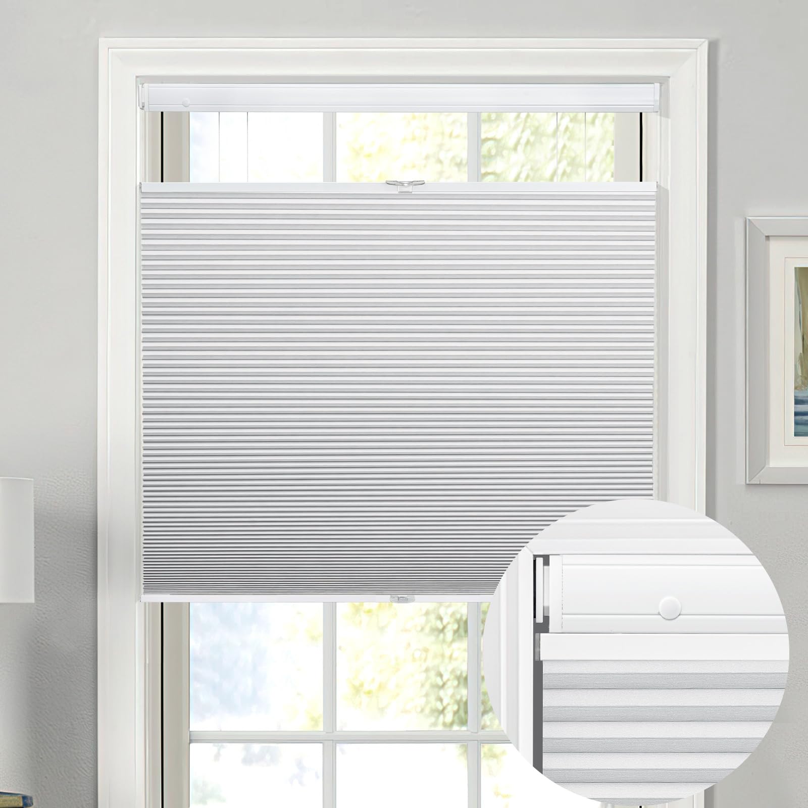 Moonice Top Down Bottom Up Honeycomb Blinds No Drill No Tools Cordless Cellular Pleated Shades 100% Blackout Thermal Window Shades Custom for Home Bedroom Office (White, 85cm W x 180cm H) — image 1