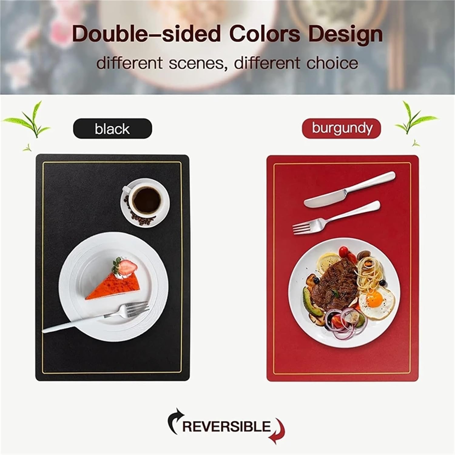 Double-Sided Color Black Red Placemats Set of 1/4/6 Gold Edge PU Leather Place Mats Indoor & Outdoor for Patio Table(SG Green Grey,1pcs)