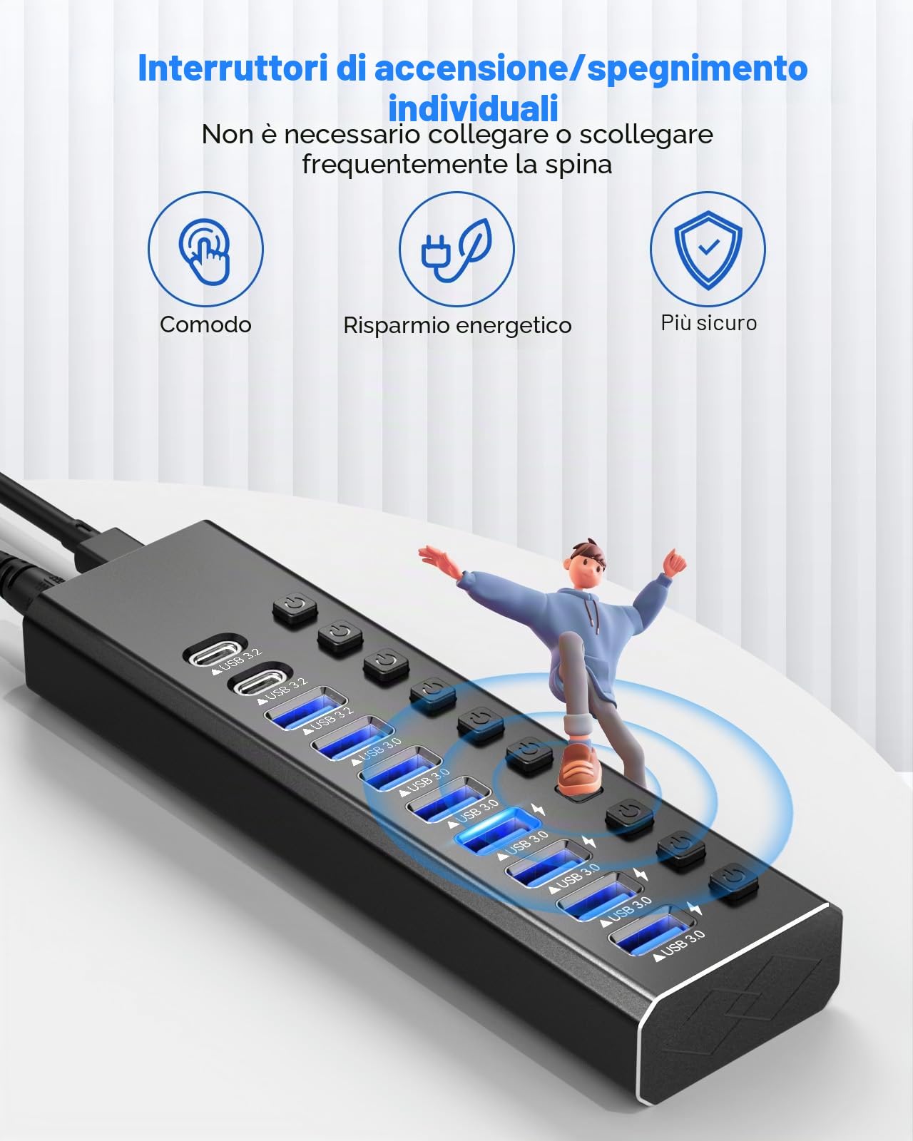 Hub USB 3.2 alimentato a 10 porte 3.2/USB-C Hub (10 Gbps A 3.2 + 2 C + 7 3.0 porte) con singoli interruttori on/off e adattatore di alimentazione da 12 V, in alluminio con messa a terra
