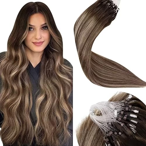 【Deal】LaaVoo Micro Ring Hair Extensions Balayage Brown 22inch Dark Brown to Ash Brown Mix Brown Real Human Hair Micro Loop Hair Extensions Human Hair Silky Straight Long 50g 50strands