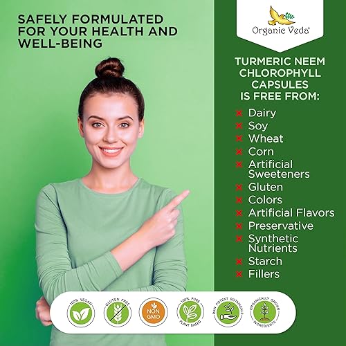 Miniatura 8 de Organic Veda Cúrcuma Neem Clorofila, piel clara y brillante, suplemento para el acné, salud intestinal y limpieza total del cuerpo  antioxidantes
