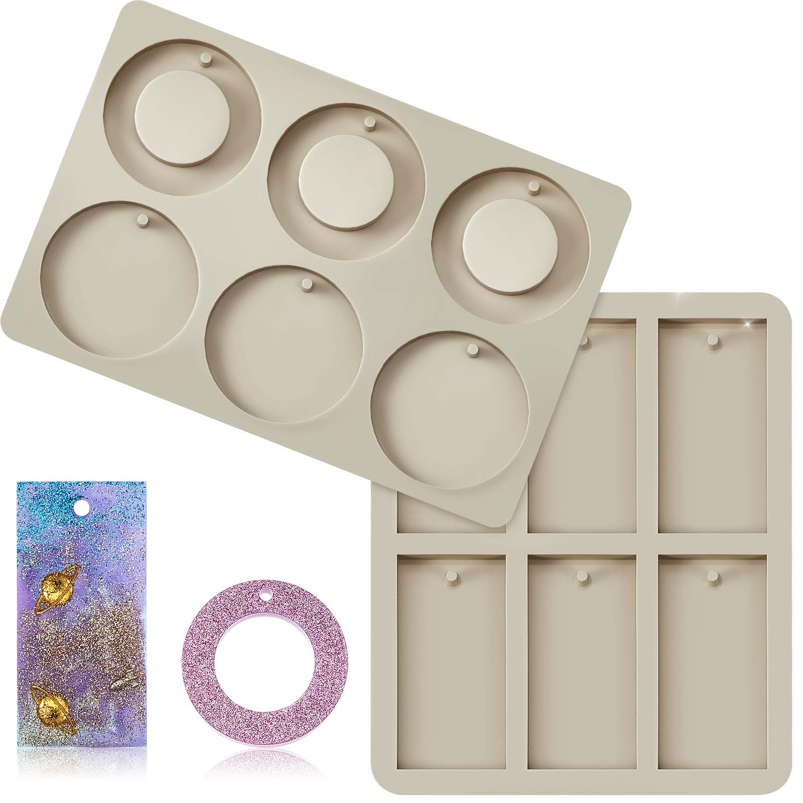 Patelai 2 Pcs Silicone Molds for Wax Melts Christmas Resin Keychain Mold Round Rectangular Epoxy Casting Jewelry Making with Hanging Holes for DIY Pendant Necklace Keychain Handicrafts Crafts Making