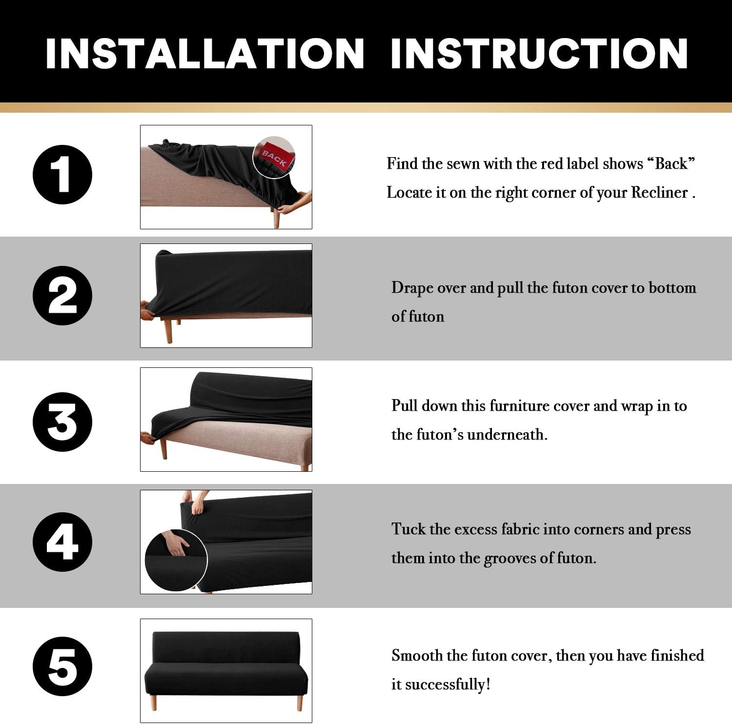 Stretch Armless Futon Cover Futon Slipcover Full Queen Size Futon Couch Cover Futon Sofa Cover Futon Bed Cover Furniture Protector with Elastic Bottom, Checked Pattern Jacquard (Futon, Black) : Home & Kitchen